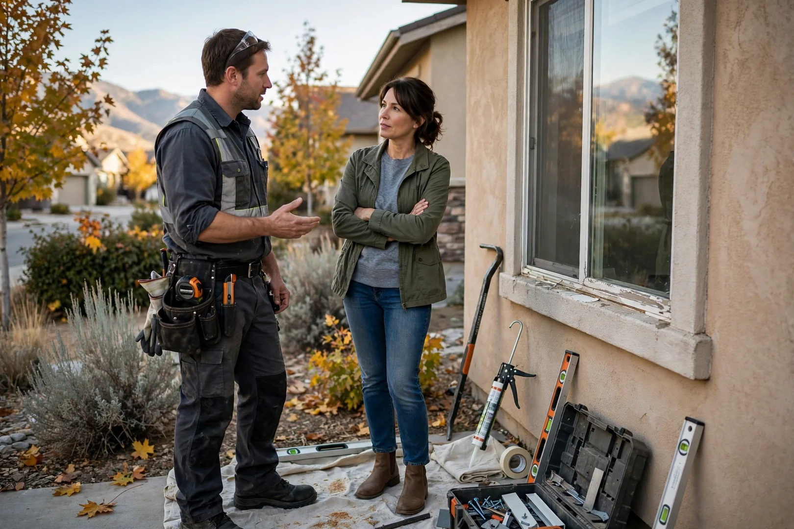 Installer measuring a bay window opening while preparing a written replacement estimate