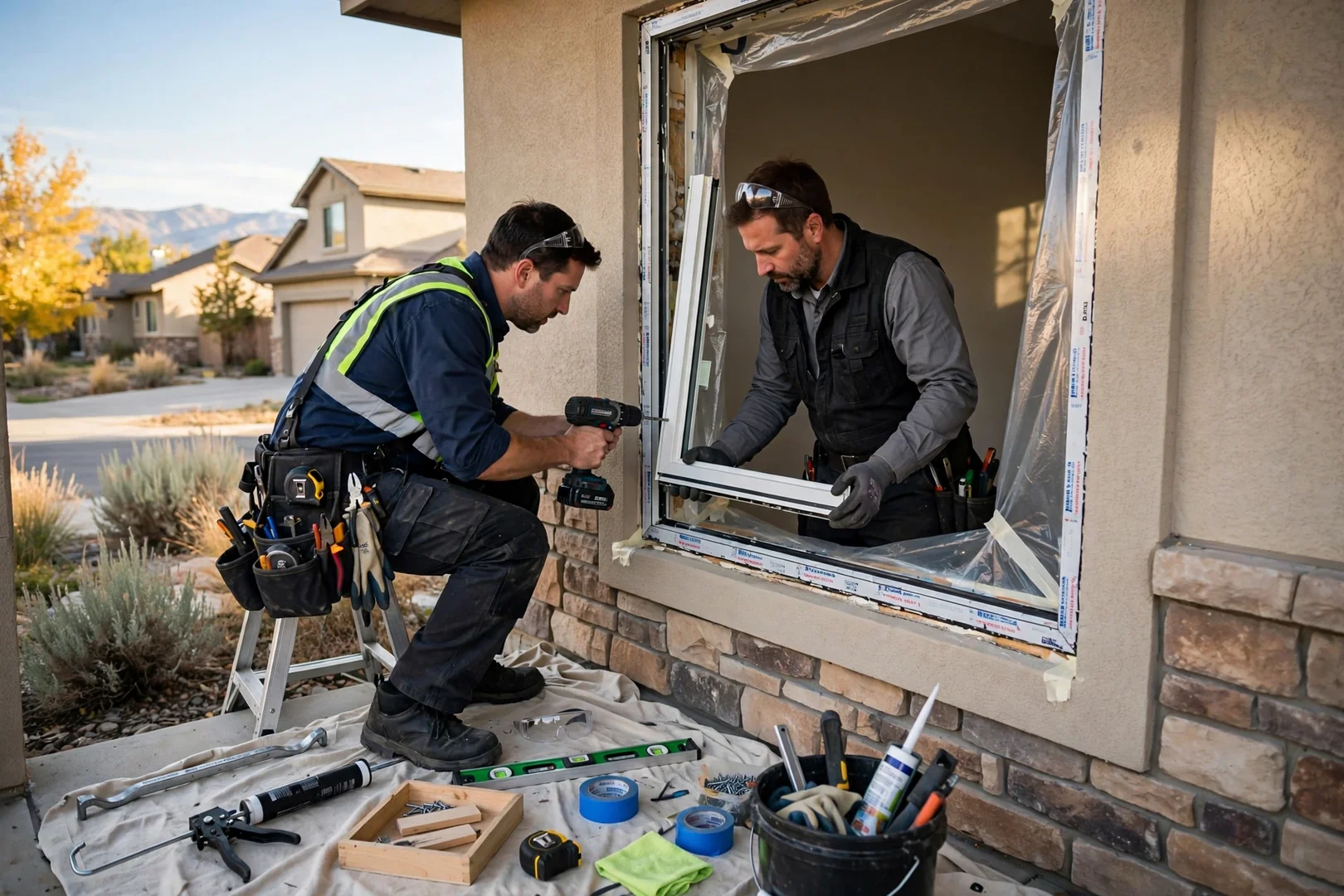 Installer setting a new bay window unit with center picture sash on a South Jordan home