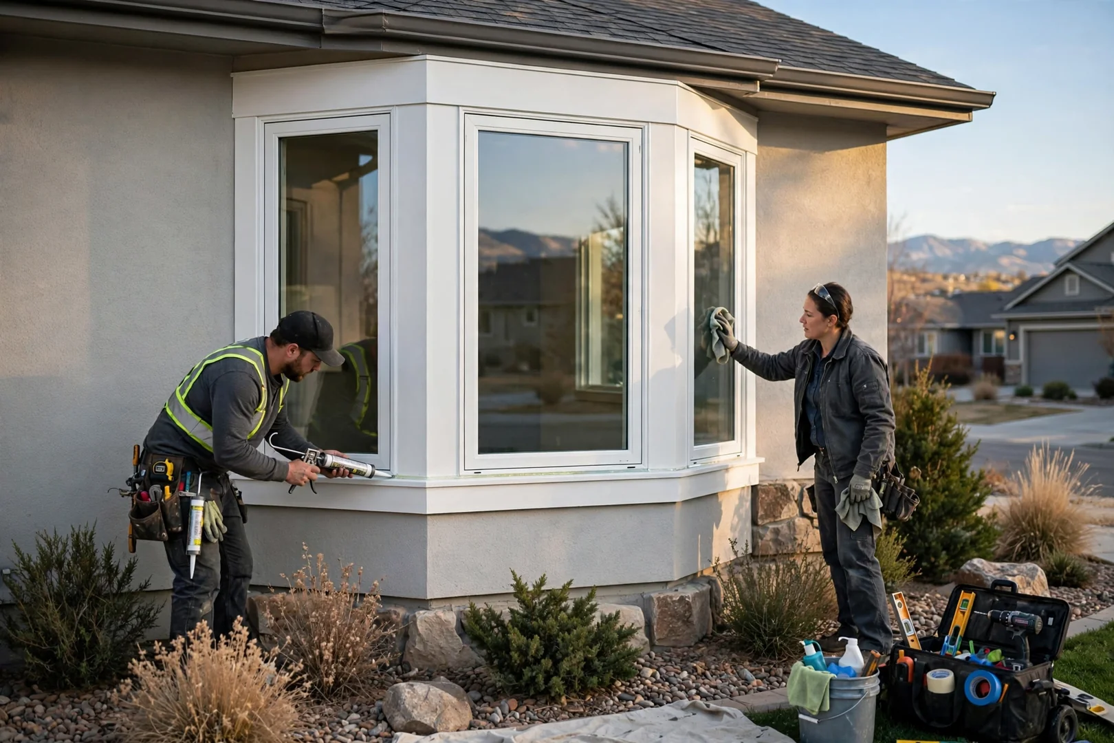 Completed three-lite vinyl bay window on a South Jordan suburban home exterior
