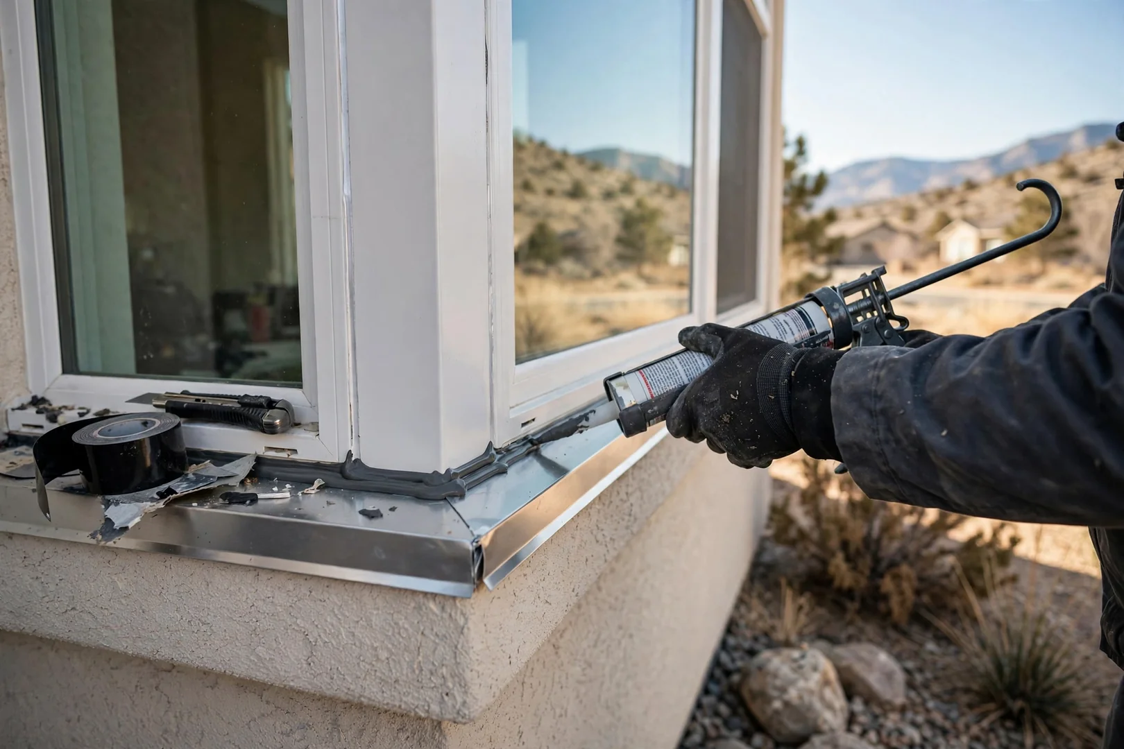 Close-up of new exterior sealant and flashing along a replacement bay window sill