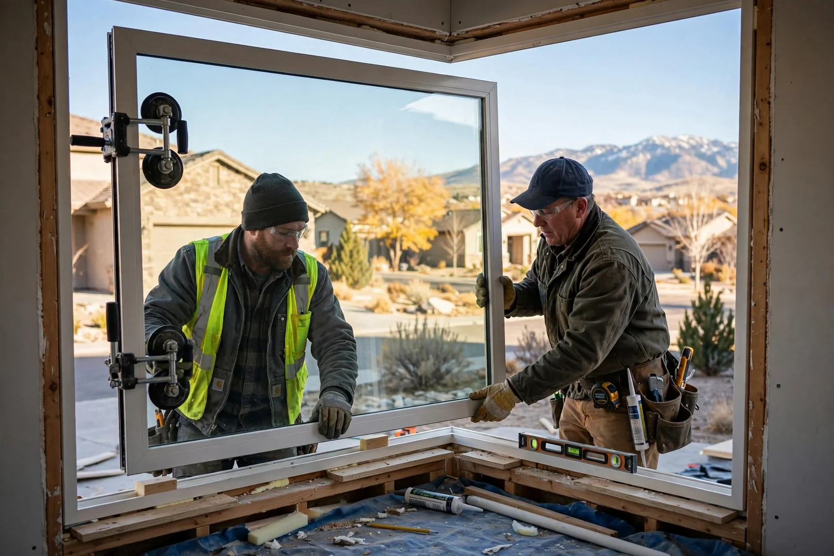Installers setting a large center picture unit into a squared bay window opening