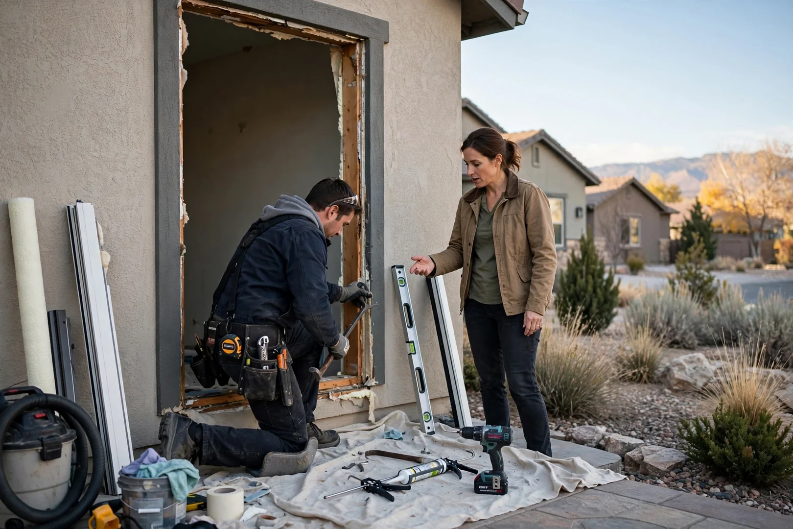 Crew member reviewing bay window measurements with a homeowner beside a finished window seat