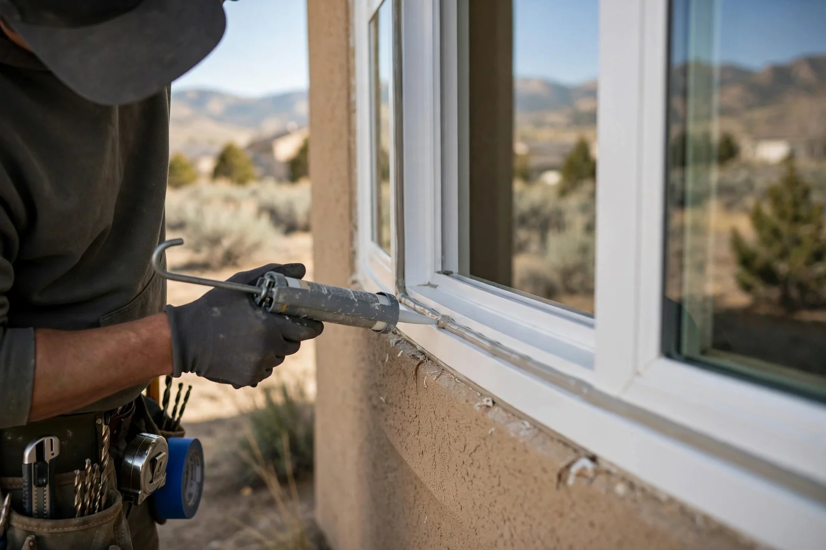 Close-up of new bow window sash reveal and freshly sealed exterior caulk joint
