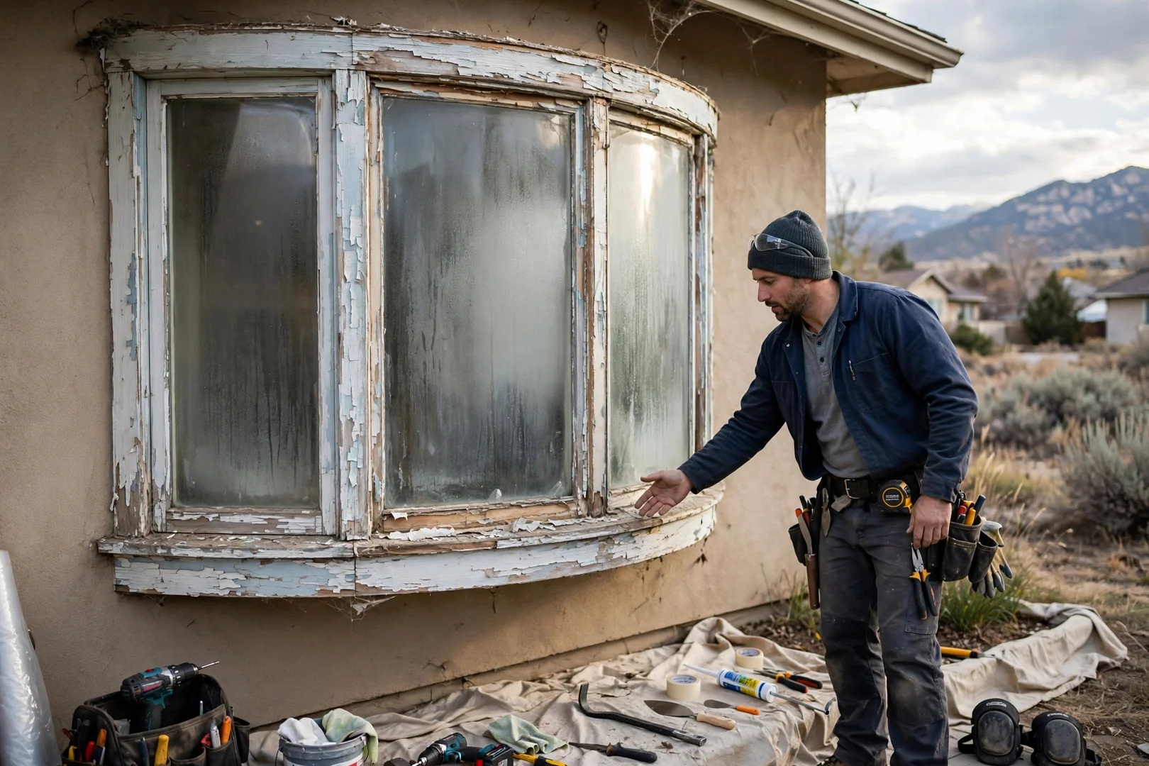 Aged bow window with fogged glass and peeling trim before replacement work begins