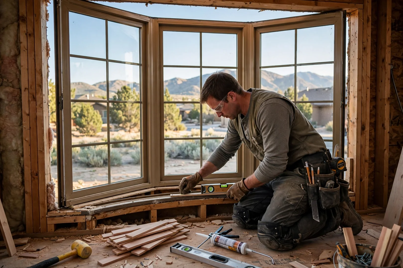 Installer shimming a curved bow window assembly level inside a prepared rough opening
