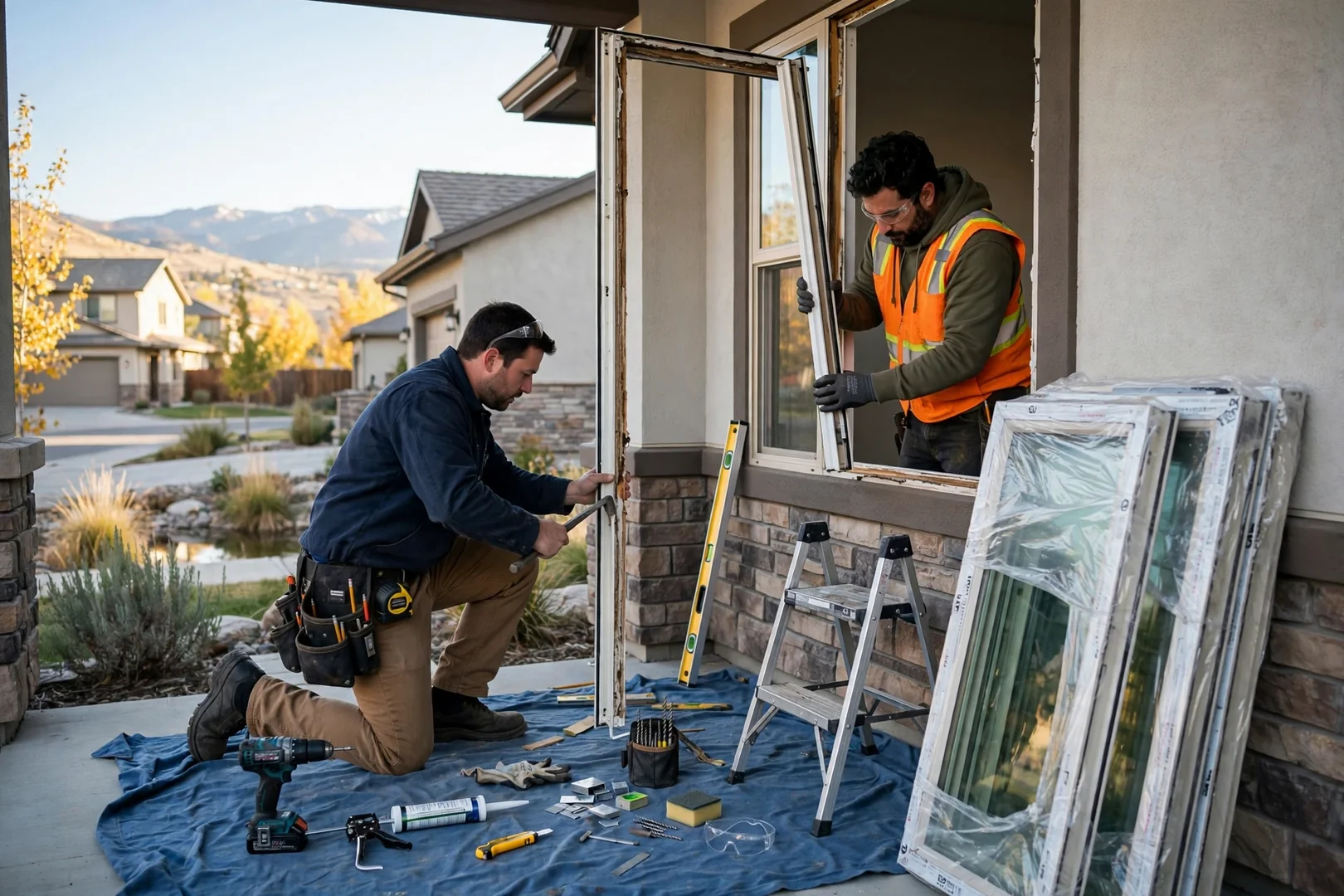 Installer measuring the radius of a bow window frame during a replacement visit