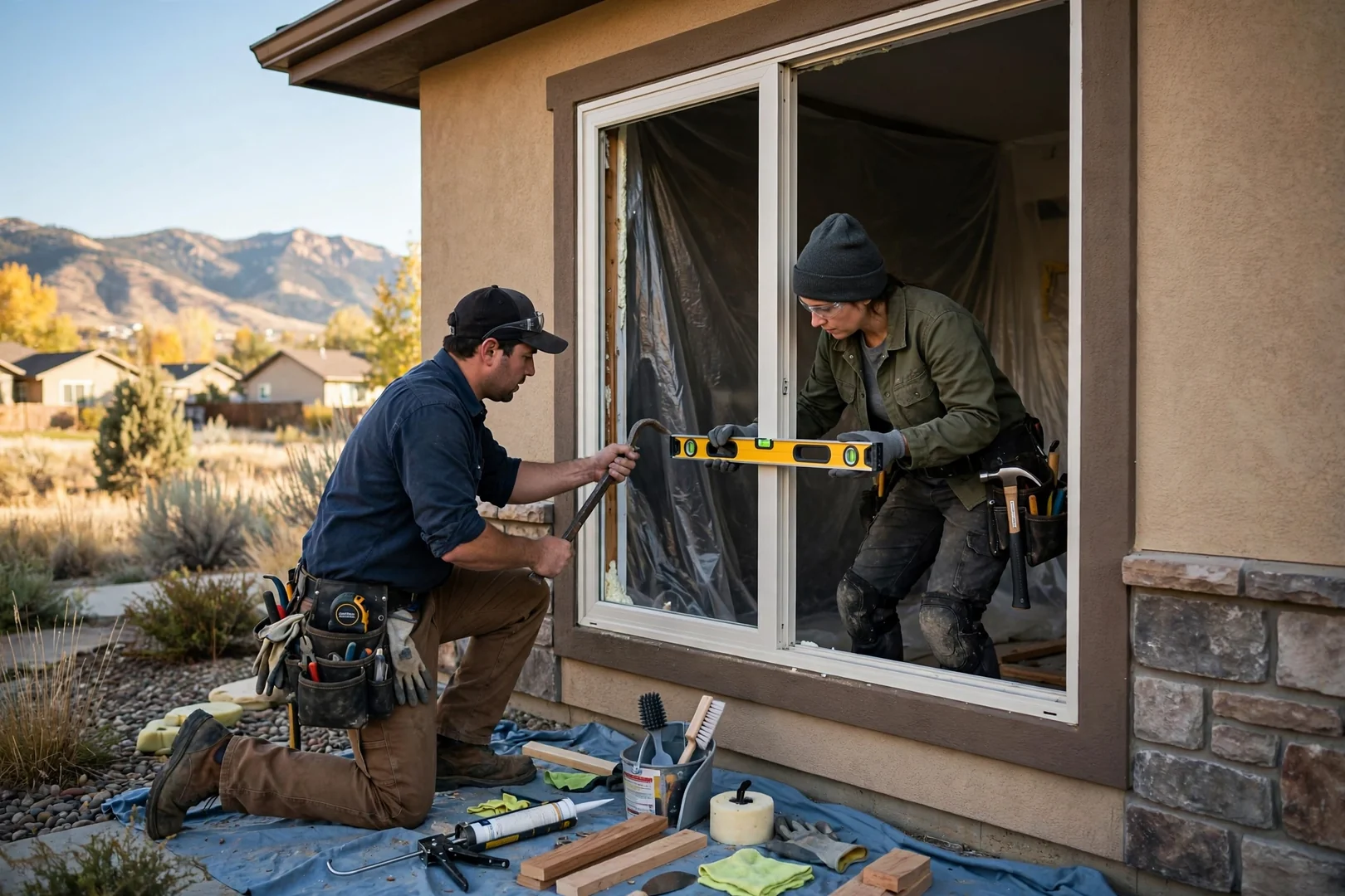 Installer adjusting crank operator on a newly fitted casement window in a South Jordan home