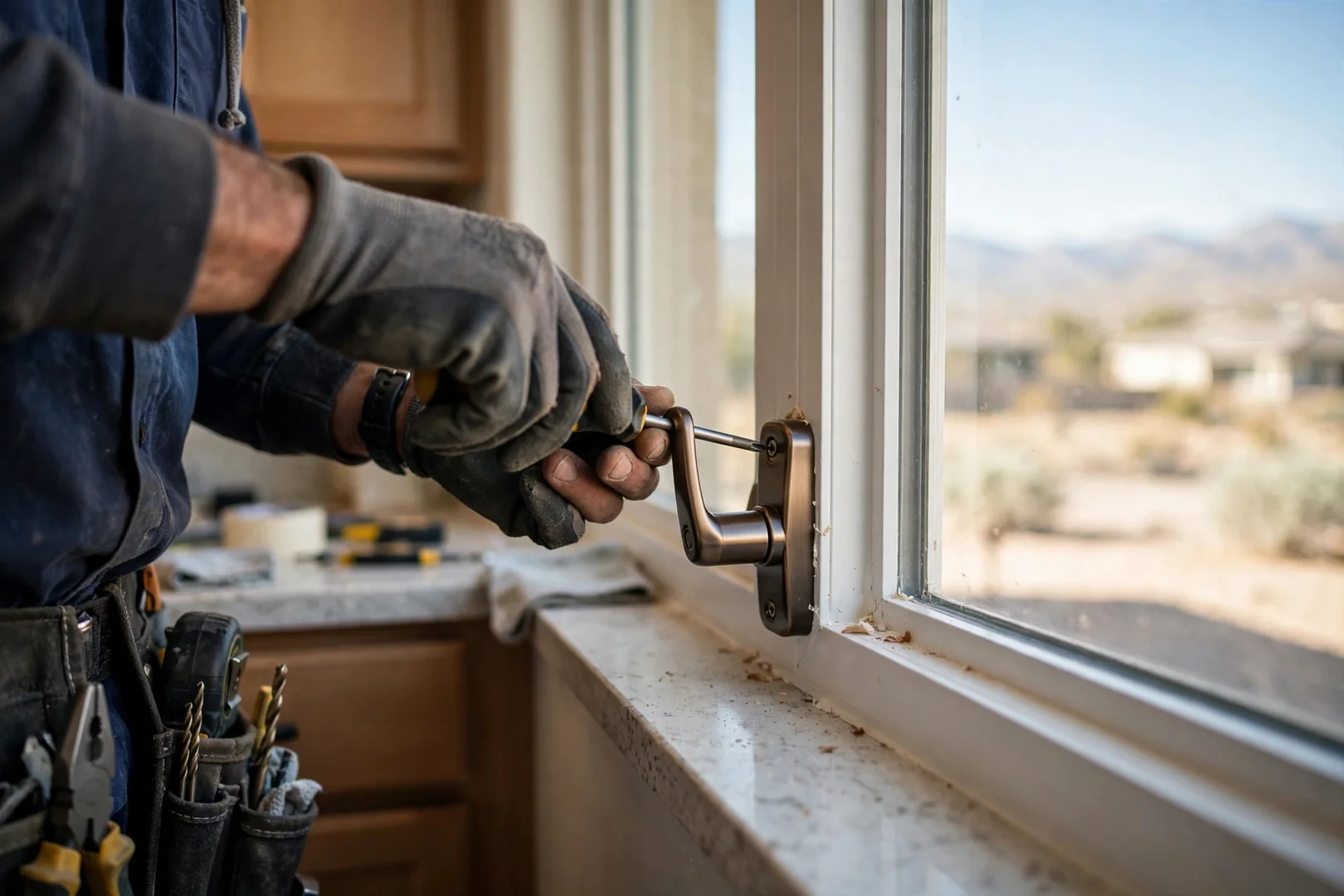 Close-up of a new casement window crank operator installed in a South Jordan kitchen
