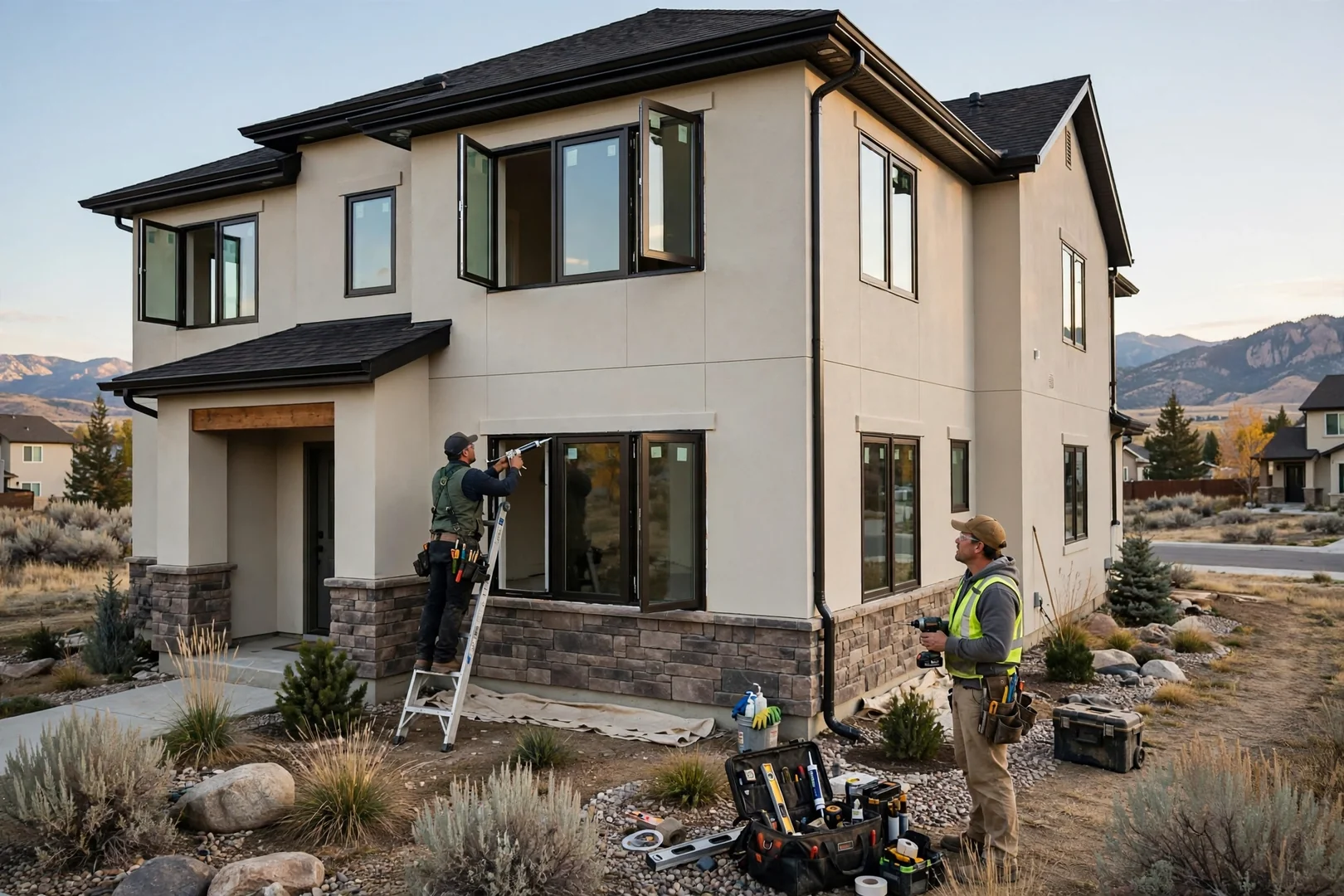 Wide exterior view of a two-story home with newly replaced casement windows