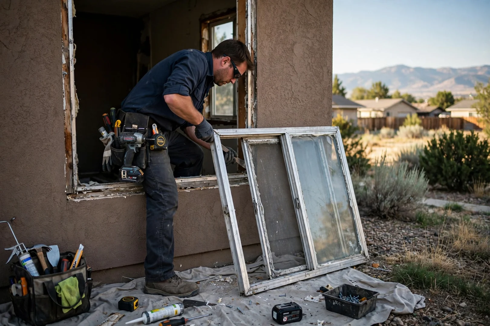 Old aluminum casement frame removed from a ranch-style home before installation