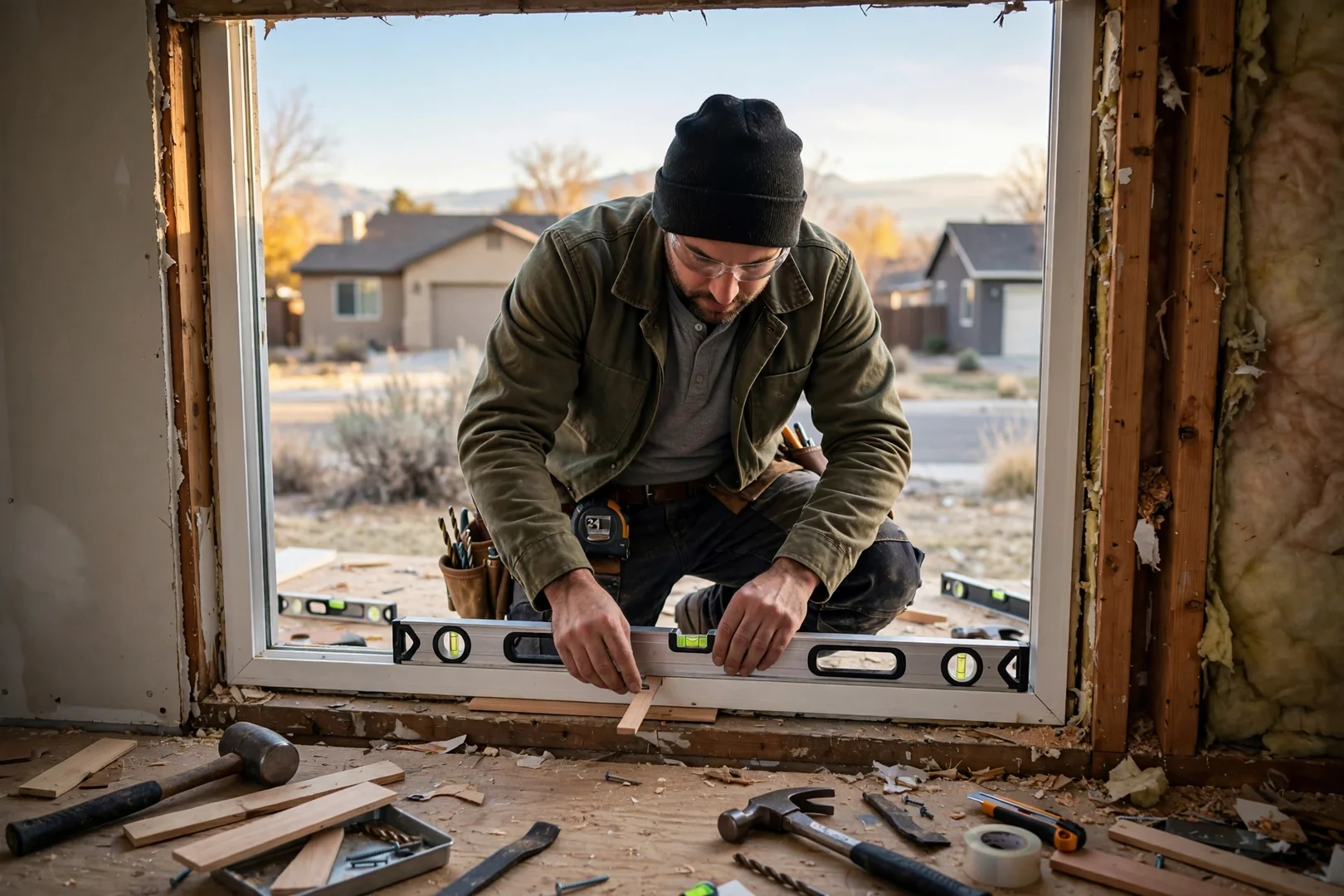 Installer shimming and leveling a casement window frame inside a rough opening