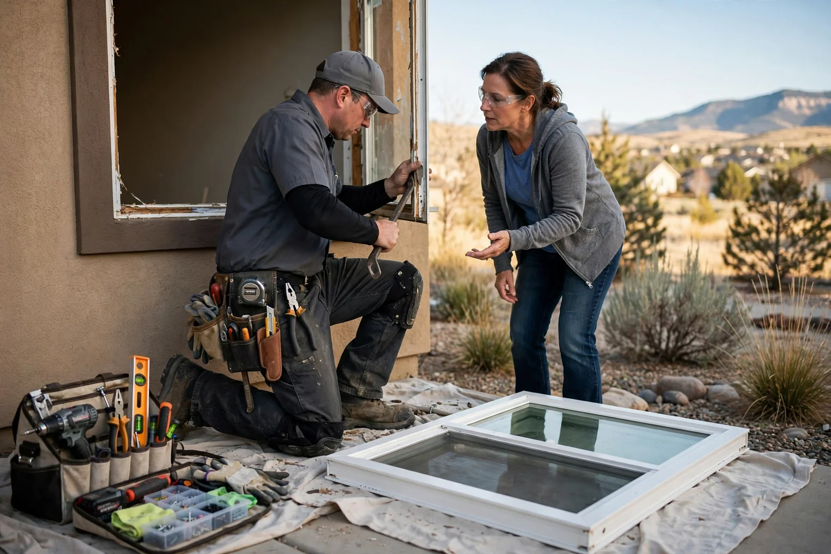 Technician reviewing casement window measurements with a homeowner beside an open sash