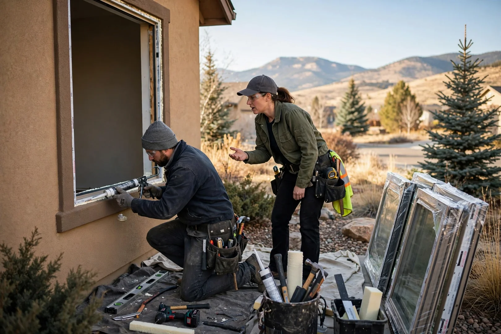 Installer setting a new double hung window into a squared opening on a South Jordan home