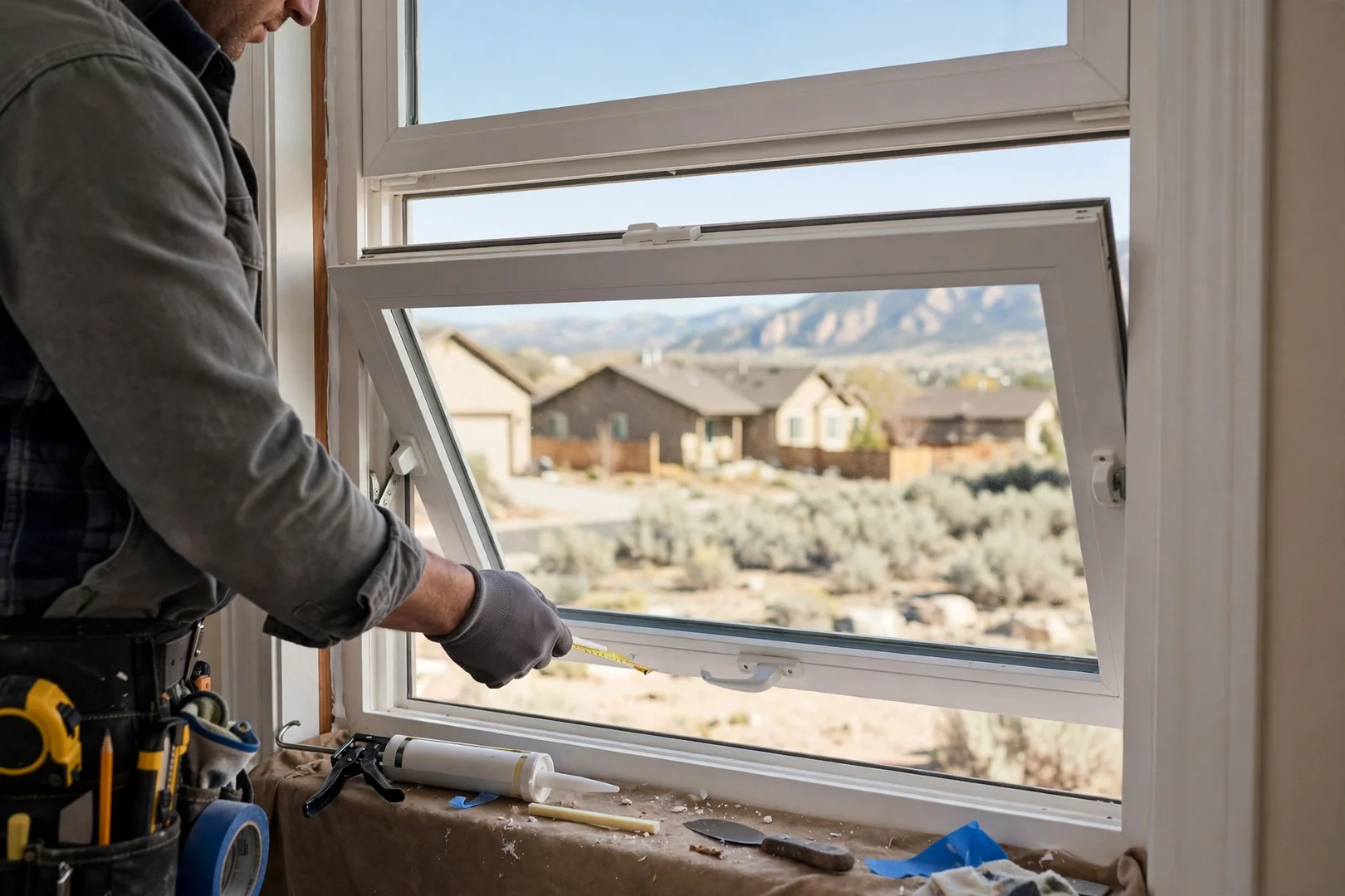 Close-up of a newly installed white double hung window with tilt-in sash