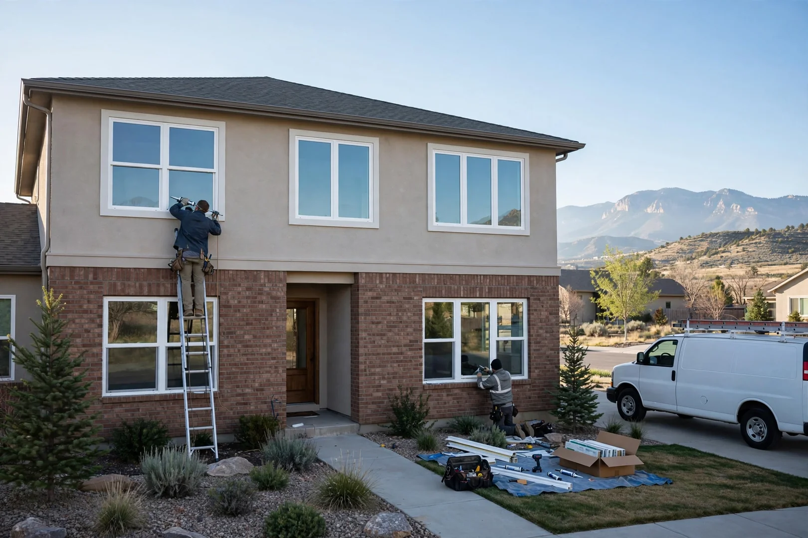 Wide exterior view of a two-story home after full-house double hung replacement