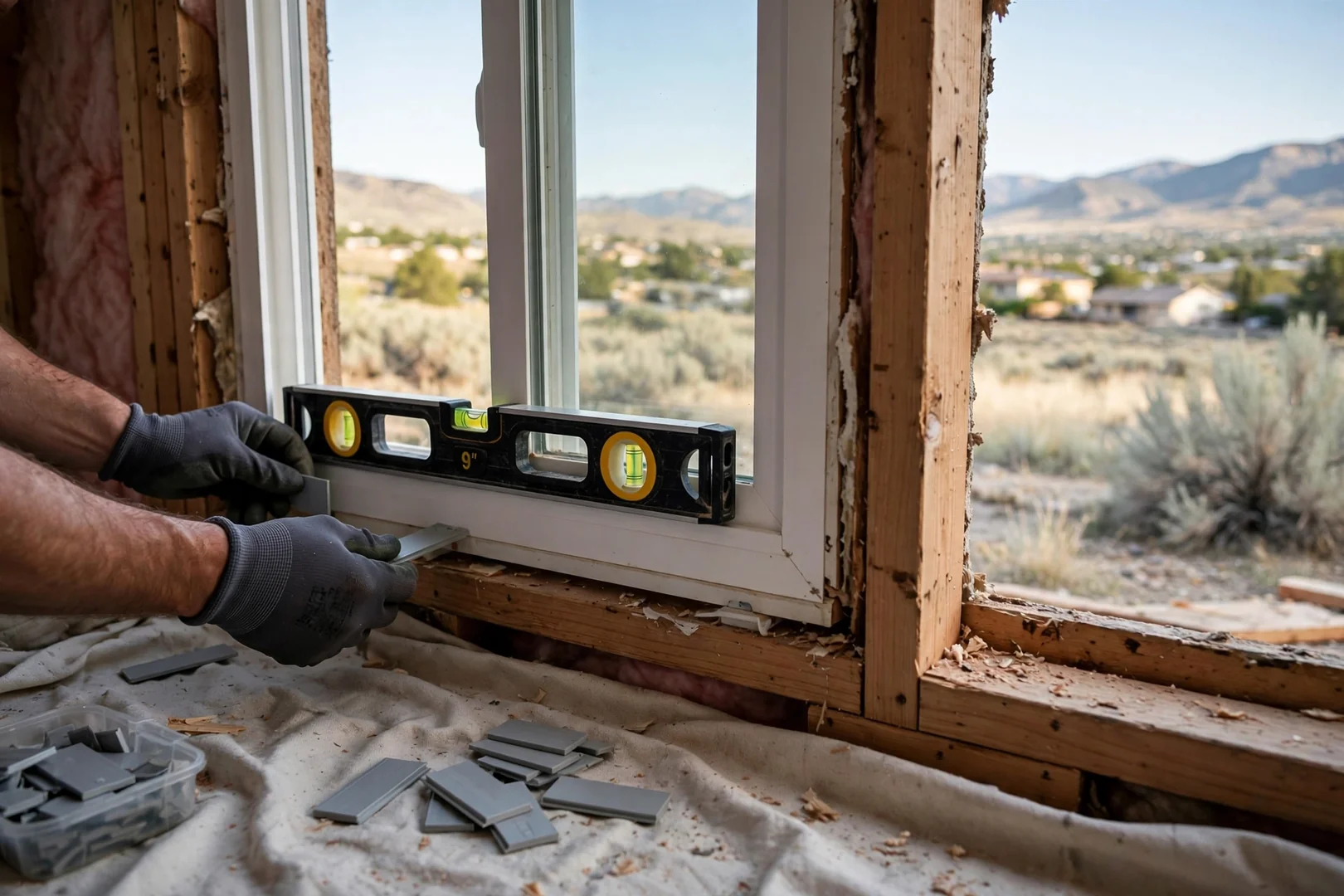 Installer shimming a new double hung window unit level in the opening