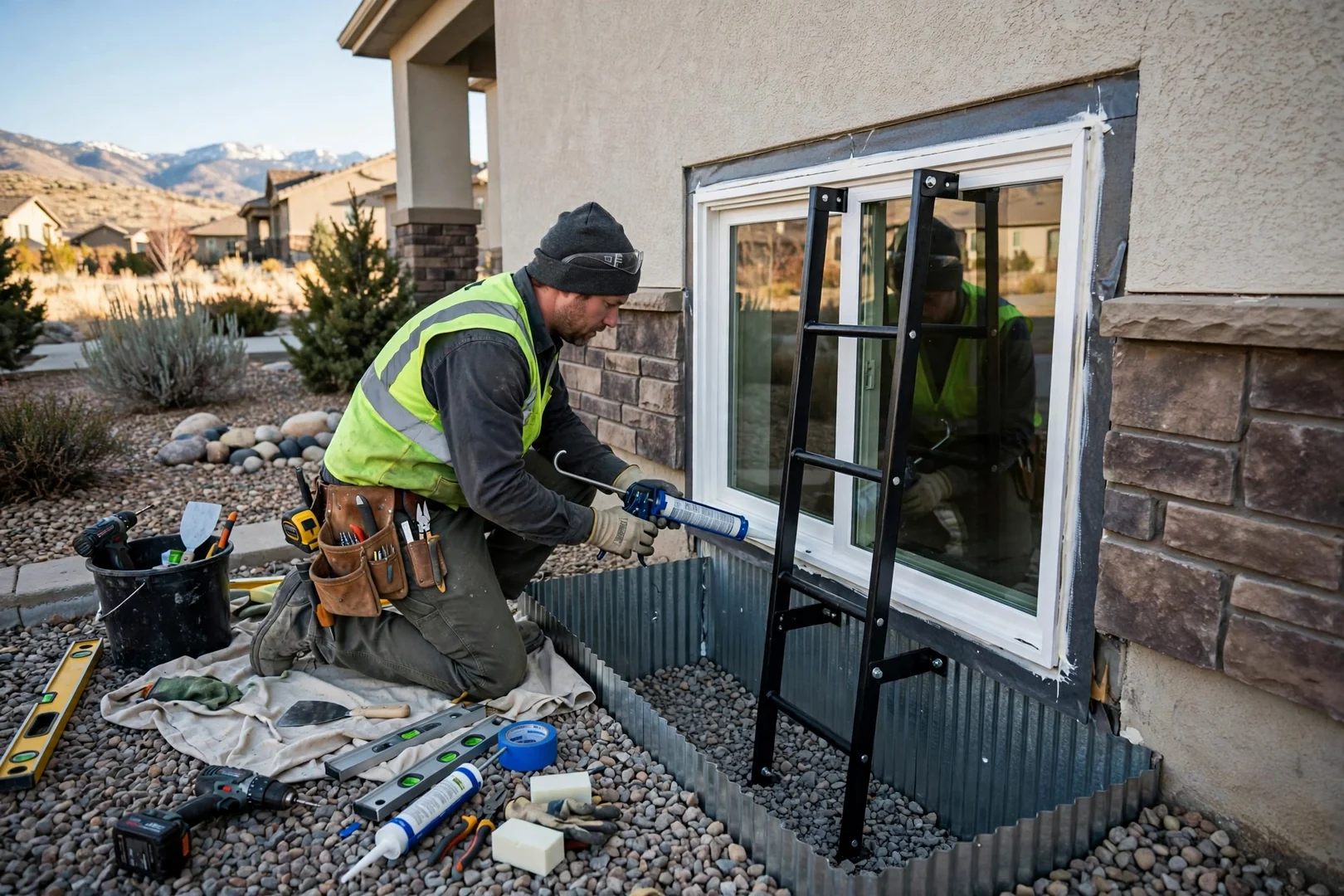 Finished basement egress window with steel well and anchored ladder in South Jordan