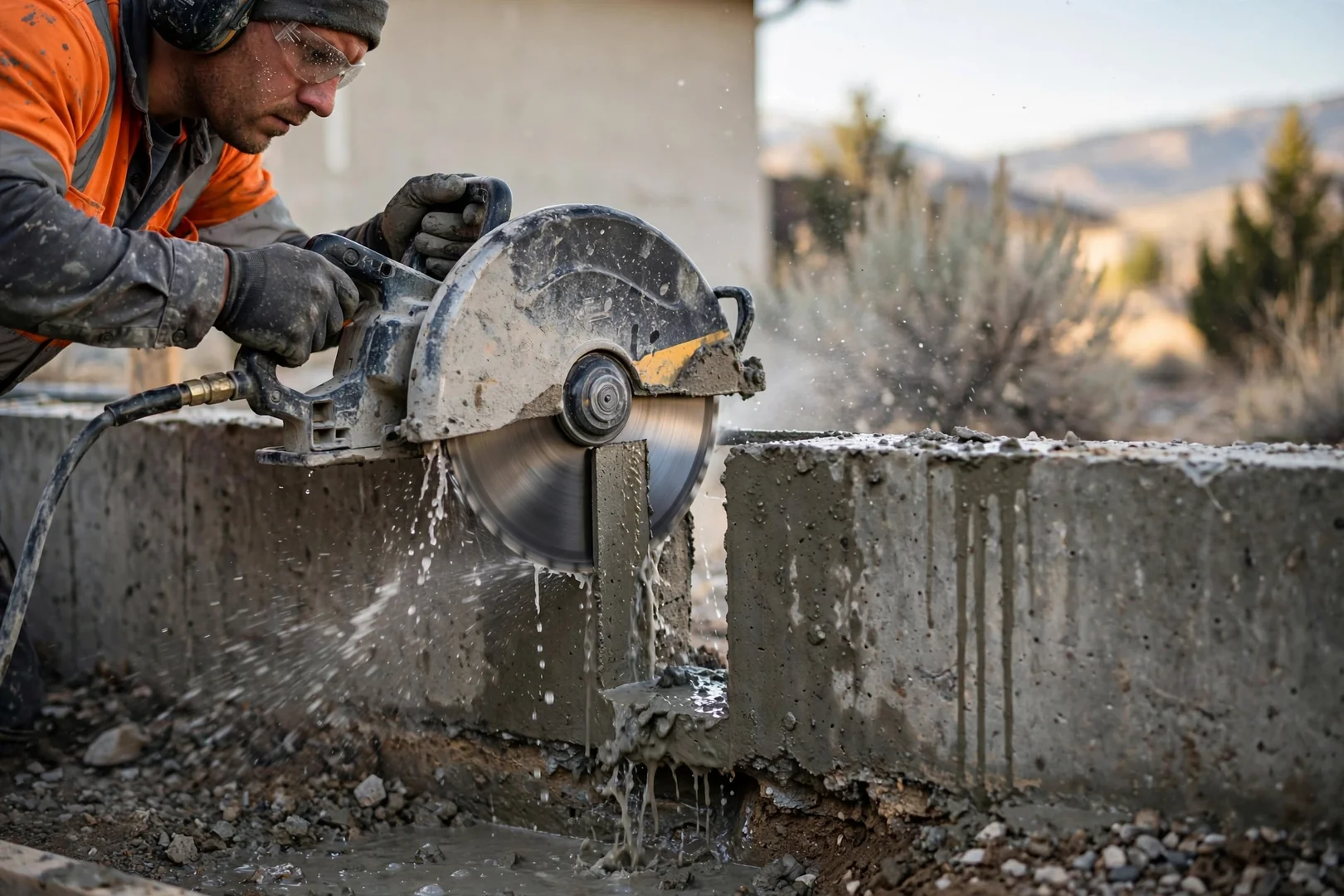 Close-up of concrete saw cutting a foundation opening for an egress window