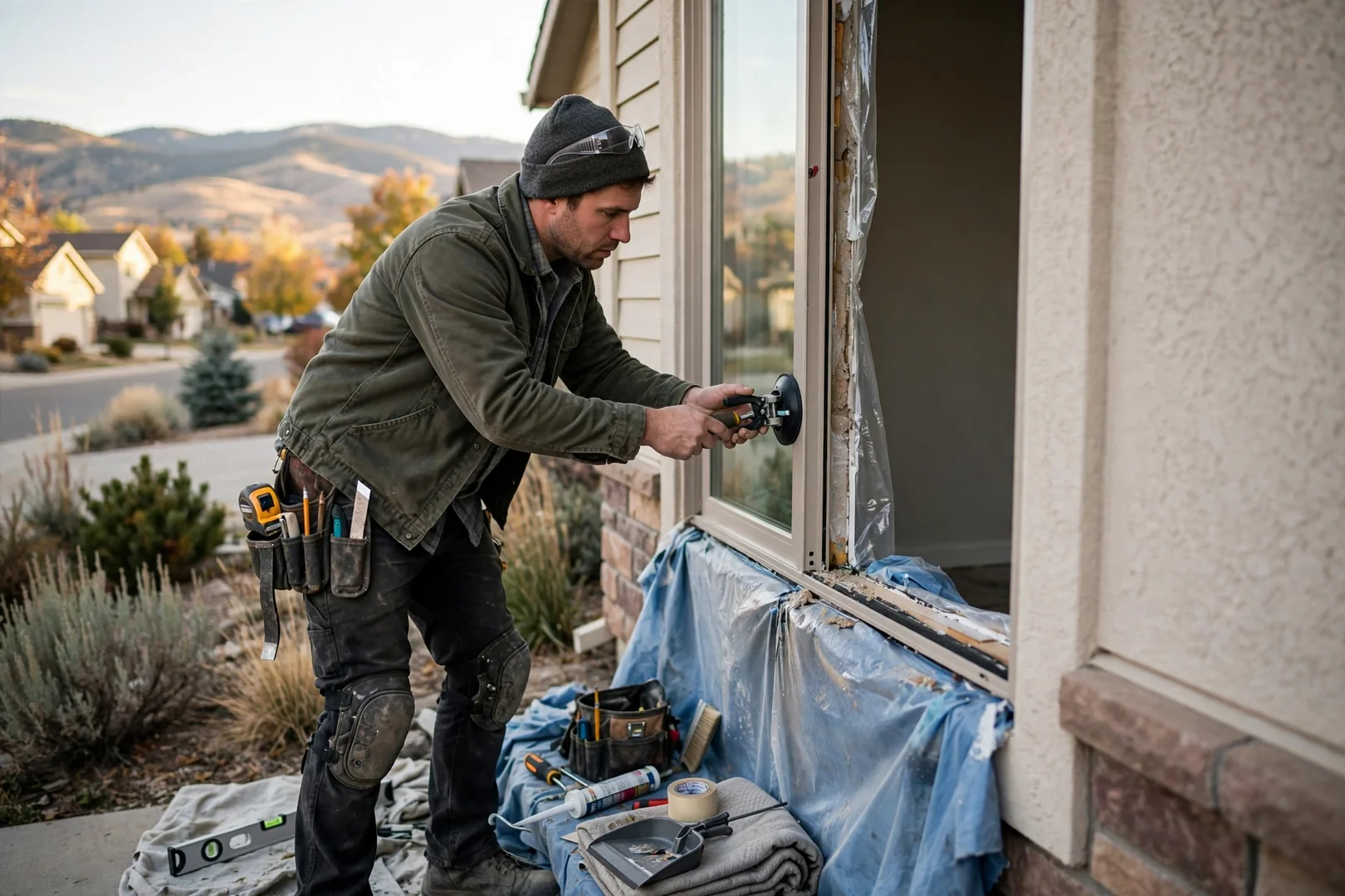 Installer setting a Low-E insulated window unit into a South Jordan home opening