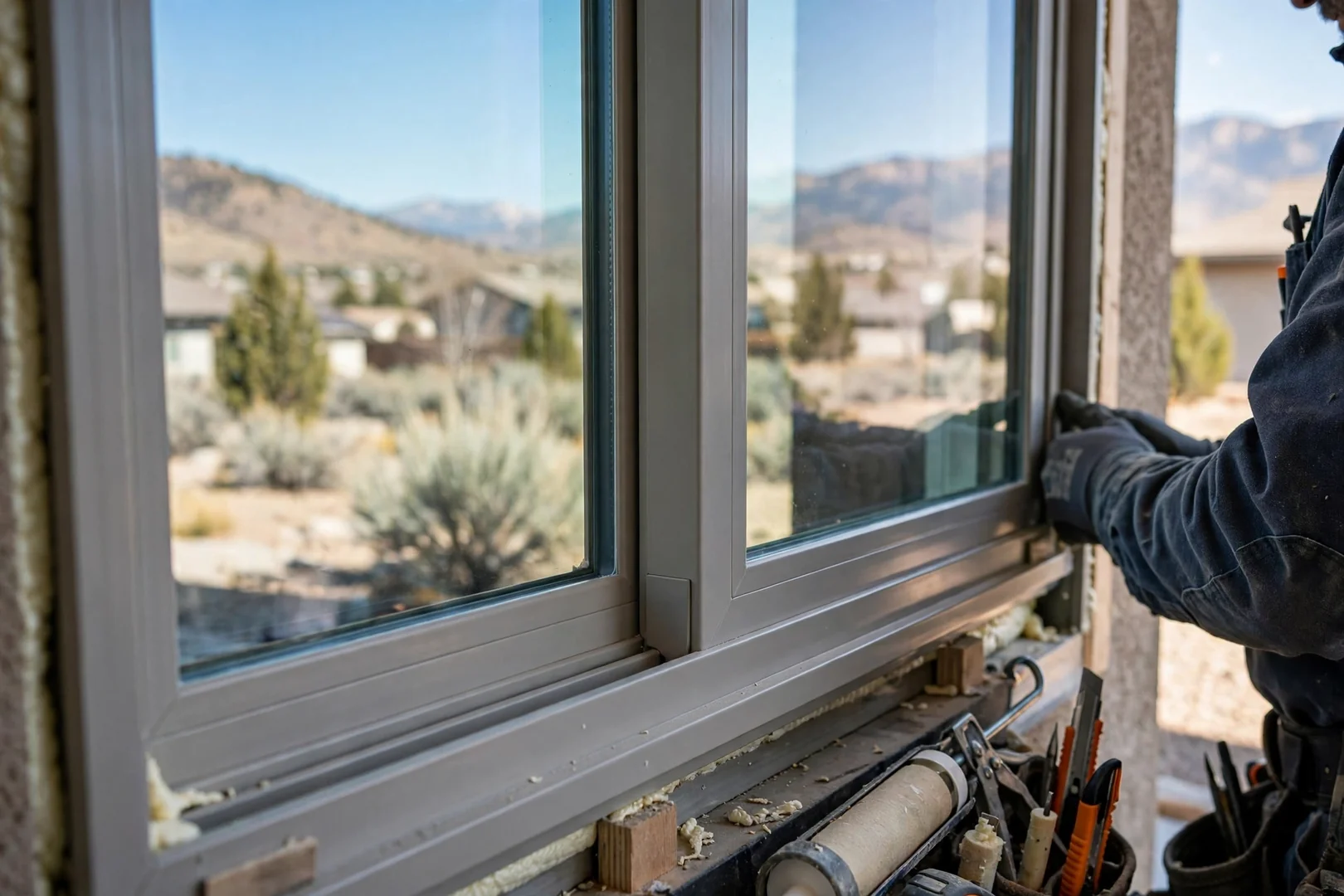 Close-up of new double-glazed vinyl window sash with Low-E glass reflecting daylight