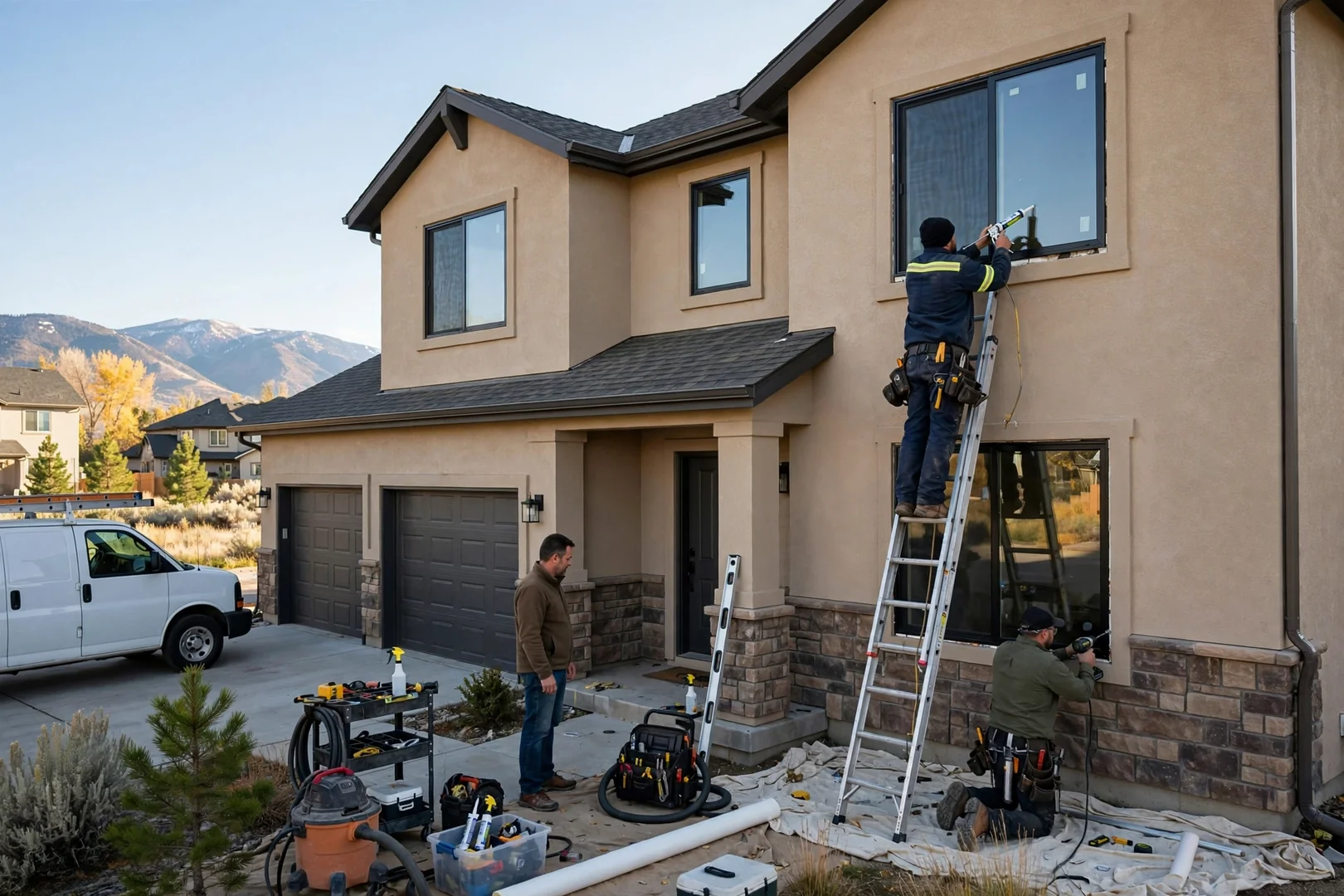 Wide exterior view of a two-story South Jordan home with newly installed efficient windows