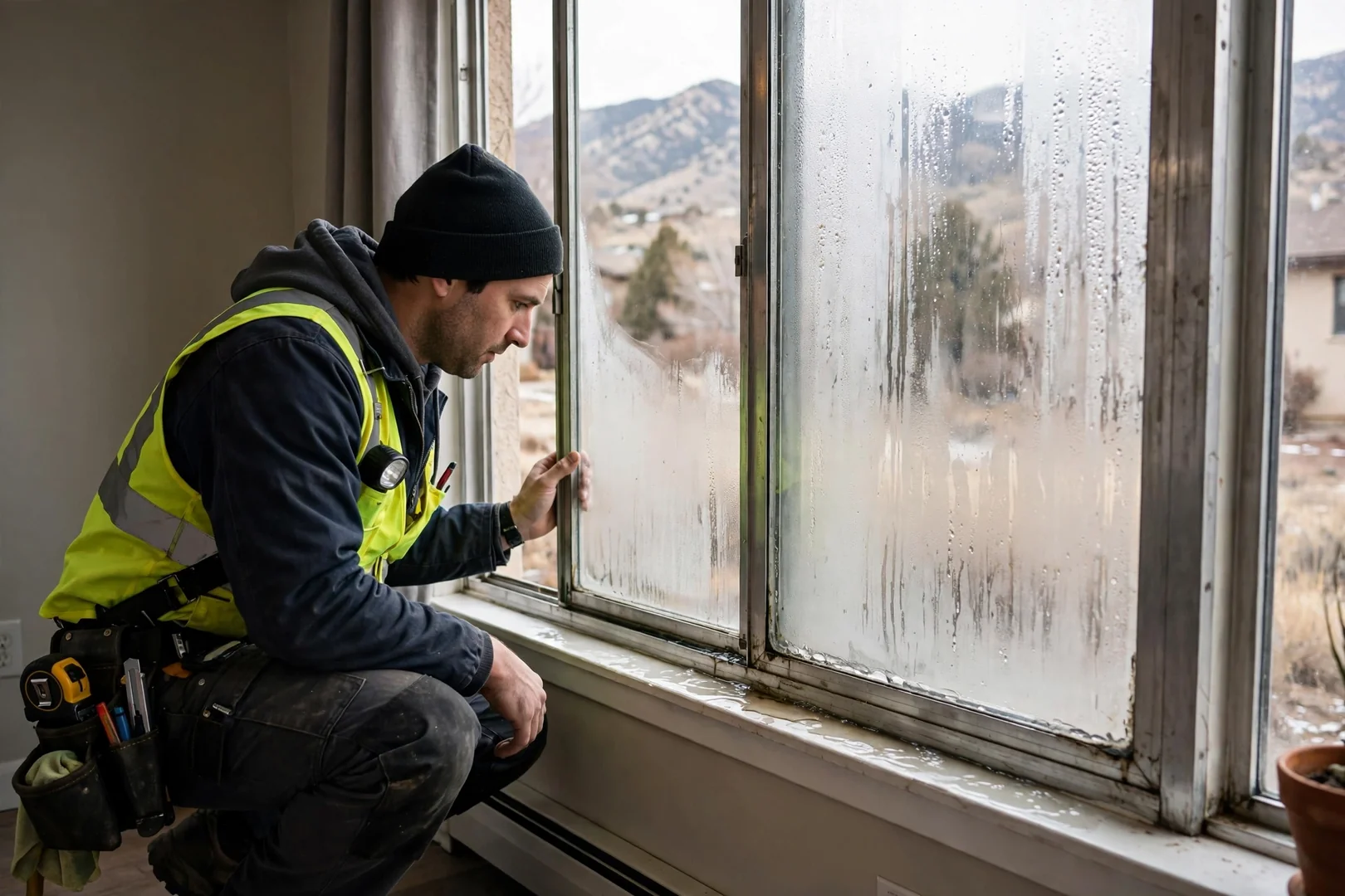 Original aluminum frame window showing condensation before energy efficient replacement