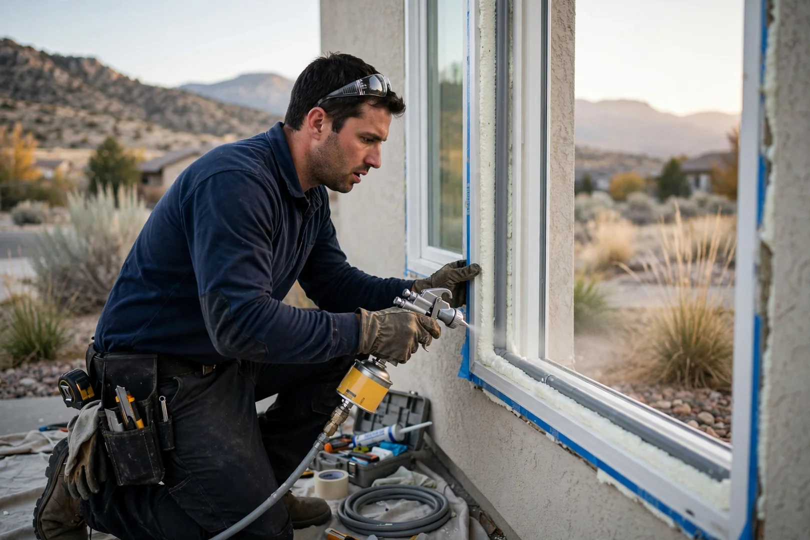 Installer applying low-expansion foam and backer rod around a new window frame