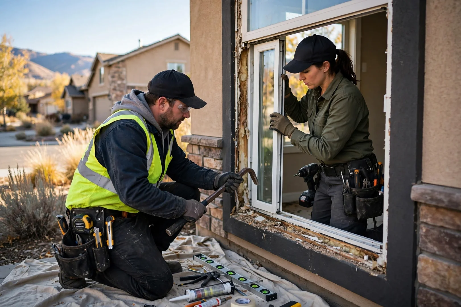 Technician reviewing window measurements and glass options with a homeowner in South Jordan