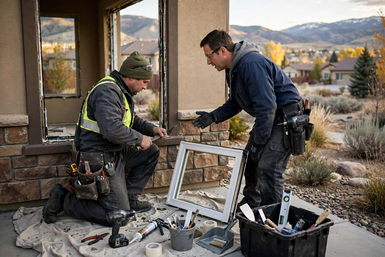 Installer setting a large fixed picture window unit into a South Jordan living room opening