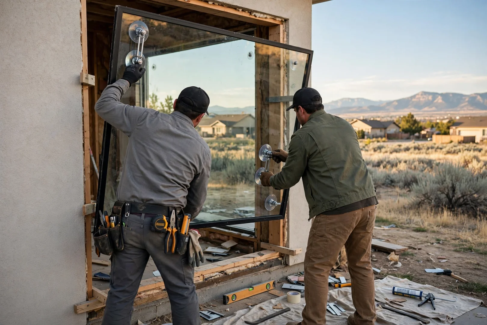 Crew setting oversized fixed glass unit into a prepared rough opening