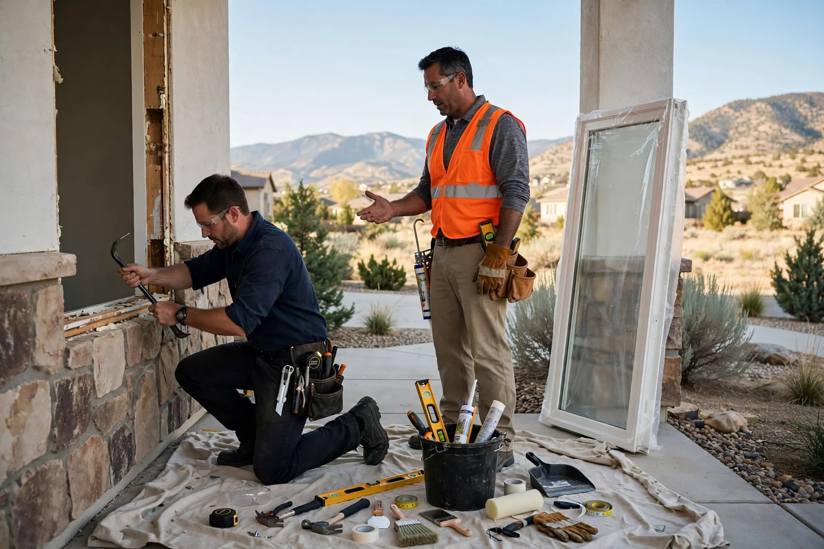 Crew reviewing written estimate and glass specifications beside a newly installed picture window