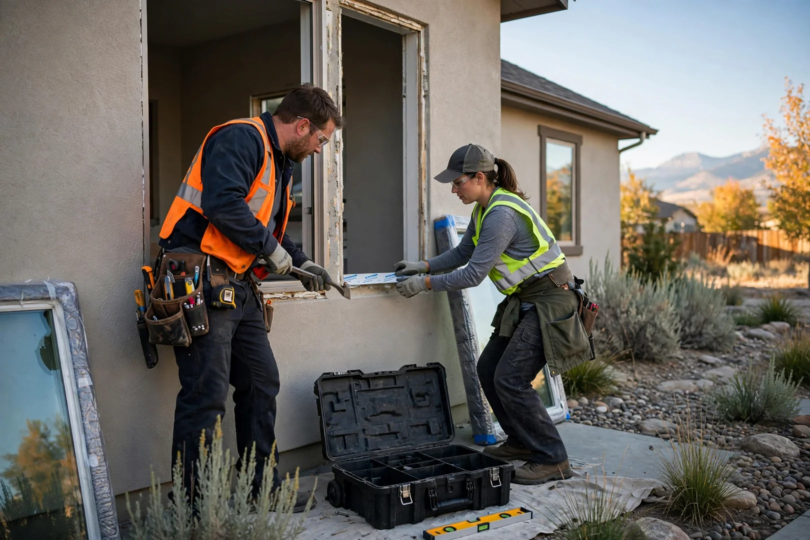 Installer setting a new sliding glass patio door panel into a leveled track in South Jordan