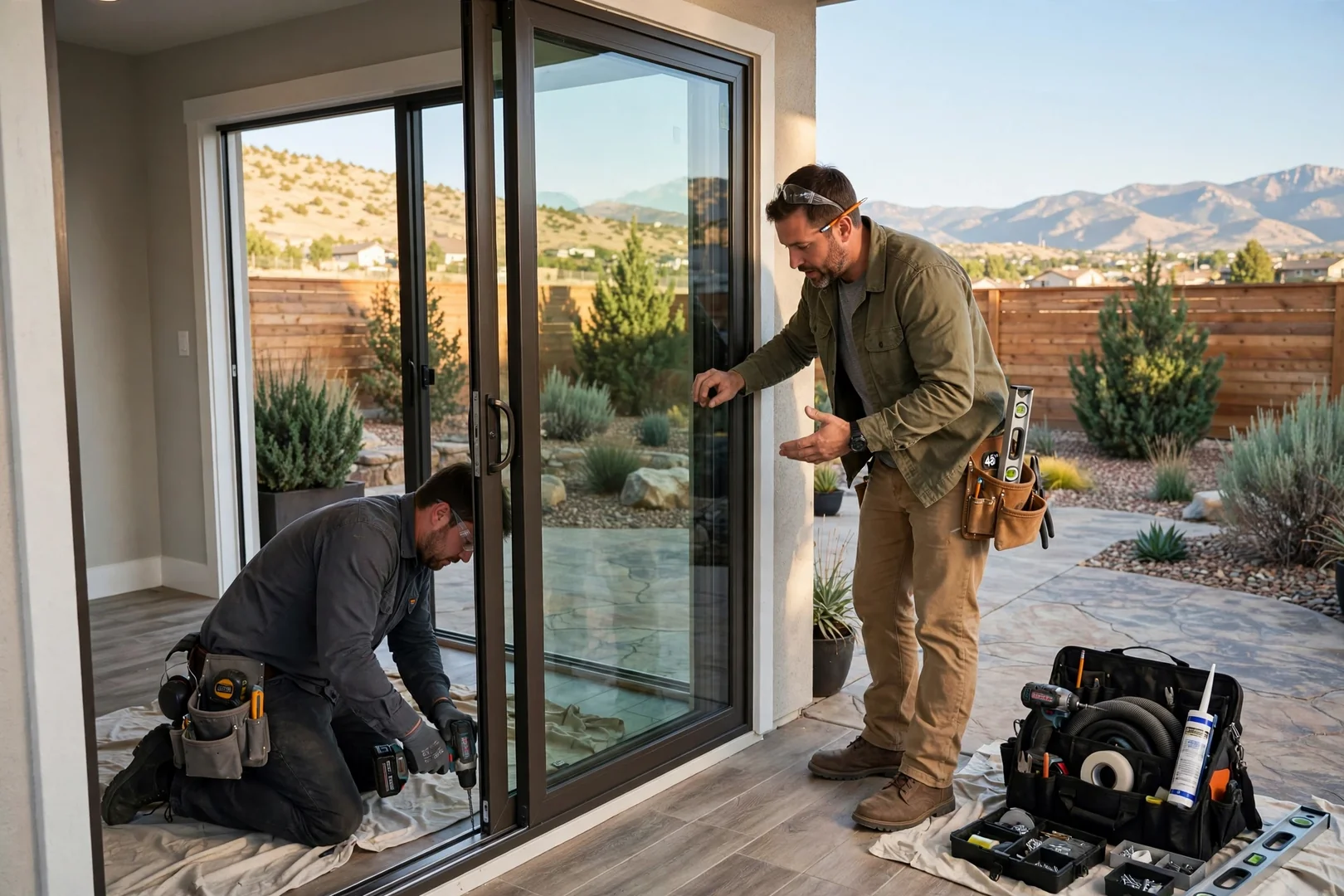 Newly installed two-panel sliding glass door opening onto a South Jordan backyard patio