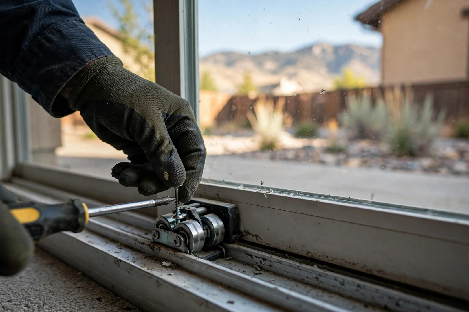 Close-up of tandem rollers being adjusted inside a sliding glass door track