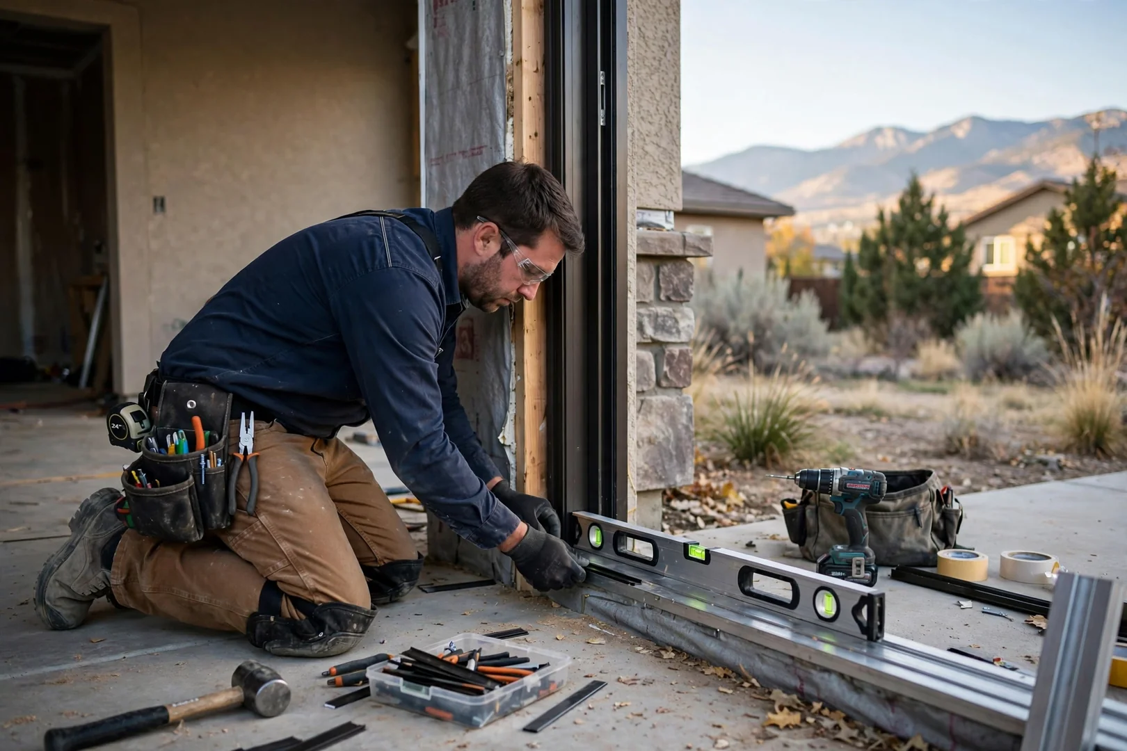 Installer setting shims and checking level on a new sliding door frame