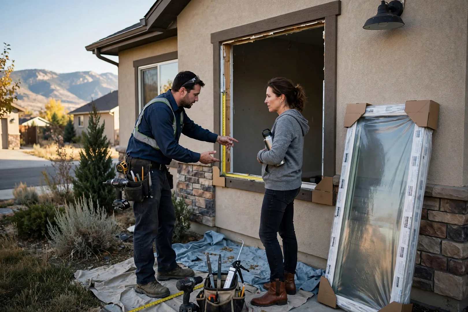 Technician measuring a window sash opening while preparing a glass replacement estimate for a homeowner