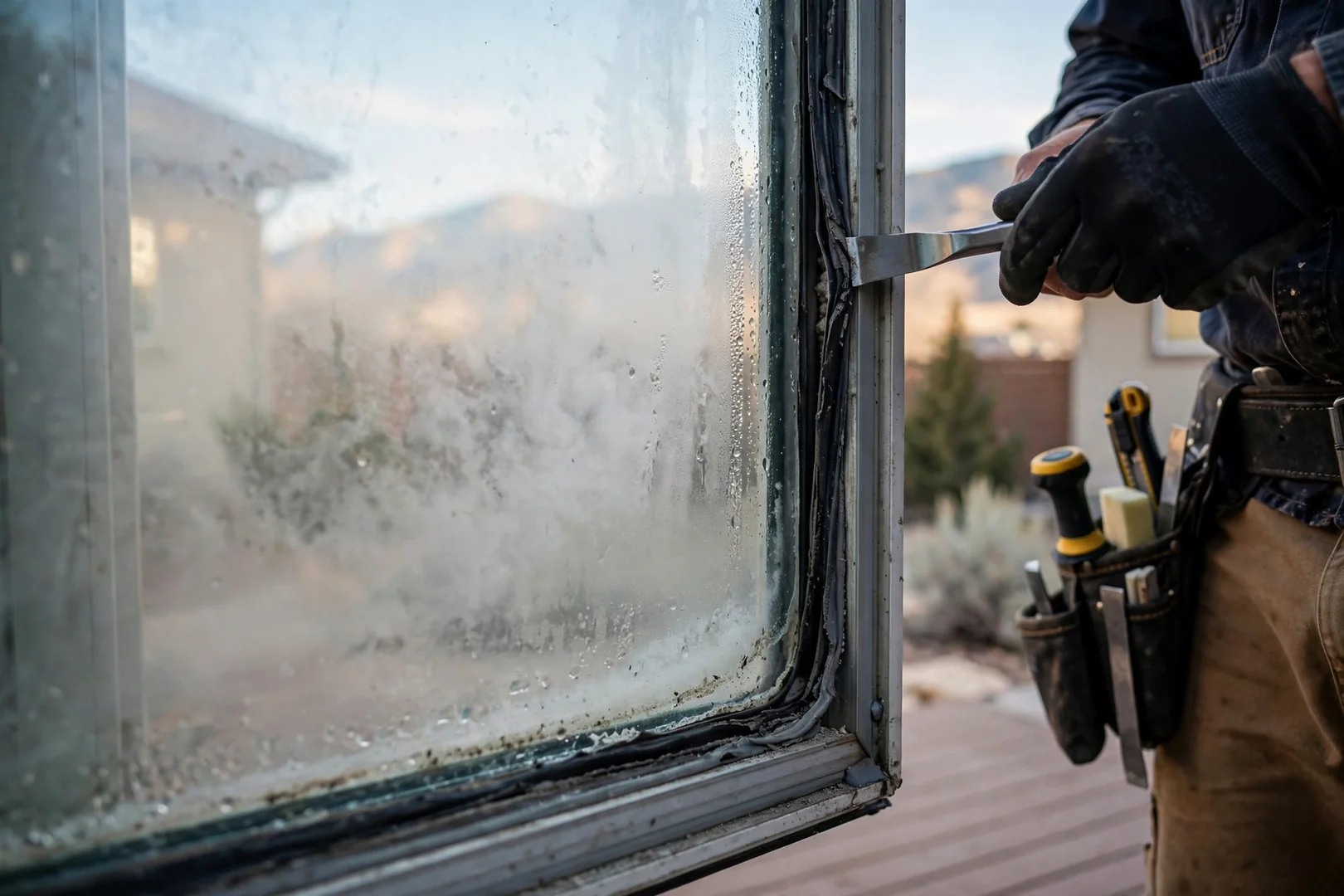 Close-up of a fogged insulated glass unit showing failed seal before replacement