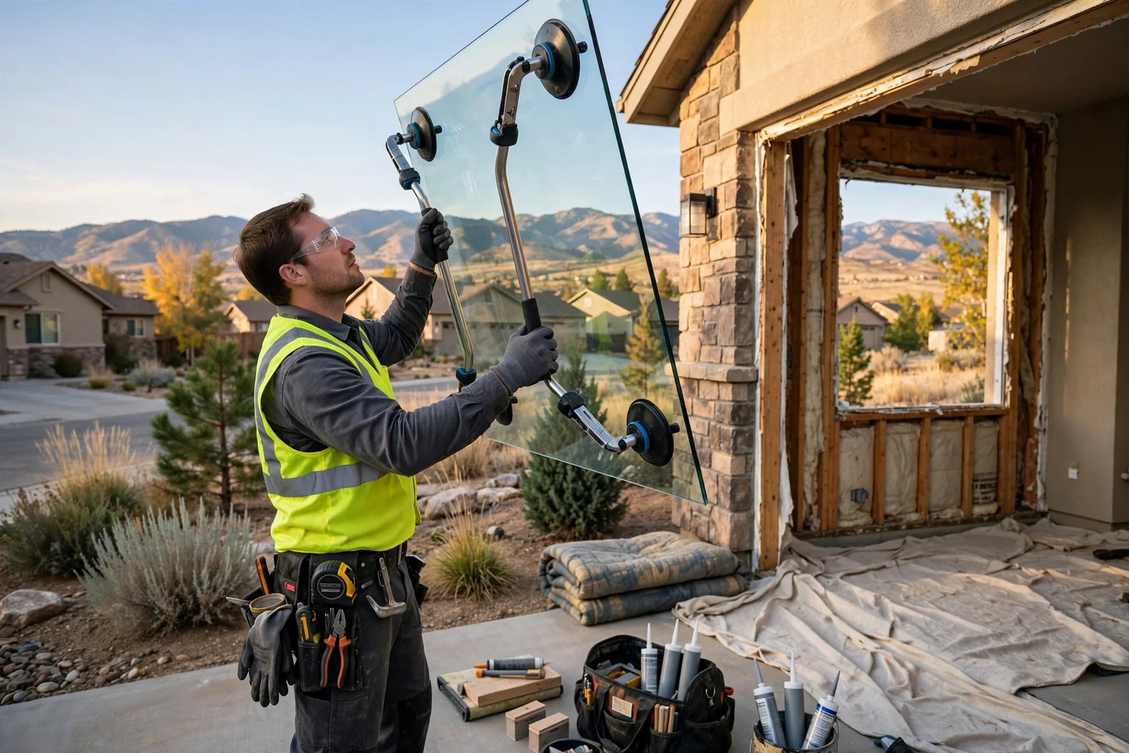 Technician lifting a large picture window pane with suction cups on a residential job site