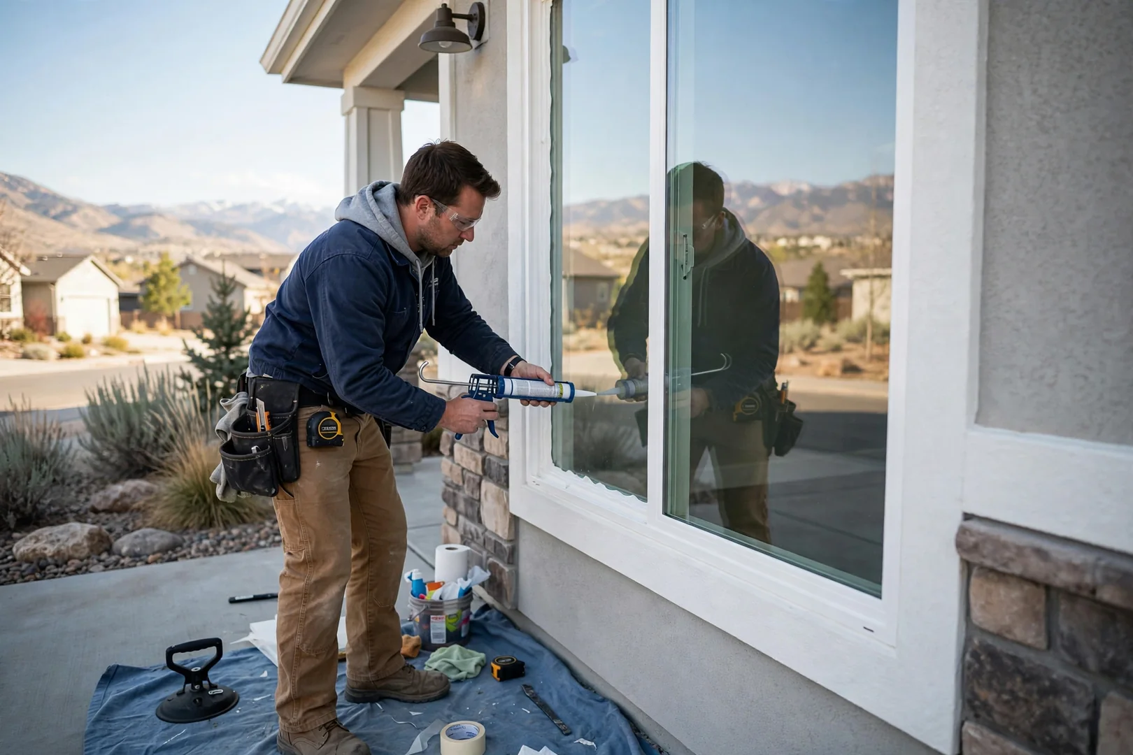 Freshly installed clear glass pane in a white vinyl sash on a South Jordan home