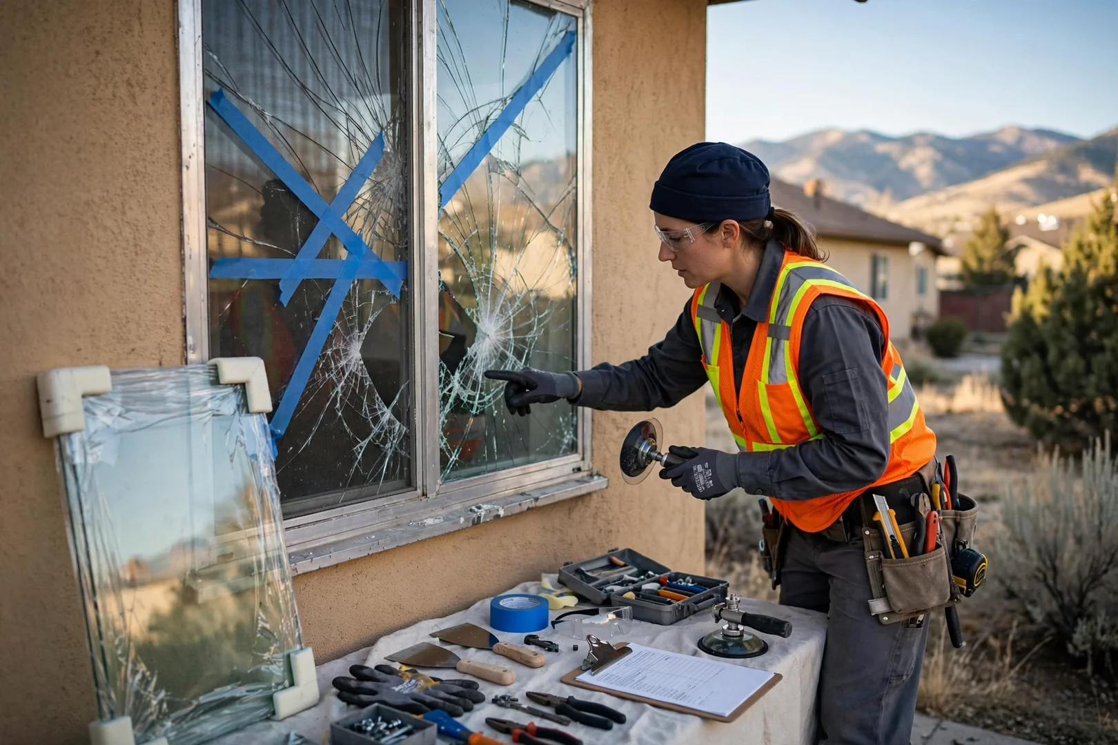 Cracked window glass in an older aluminum frame awaiting tempered safety replacement