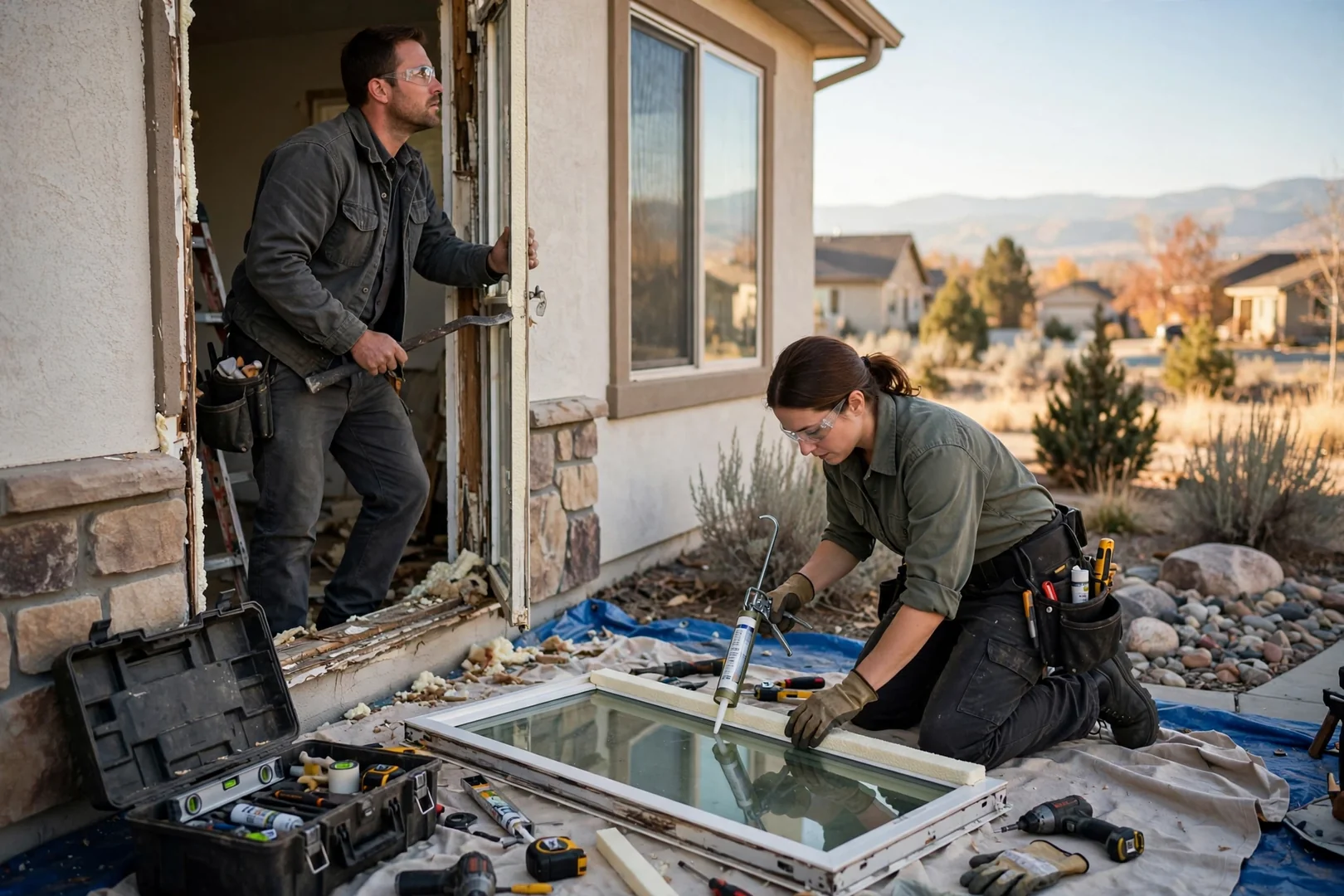 Installer reviewing finished window glass replacement with a homeowner during a walkthrough