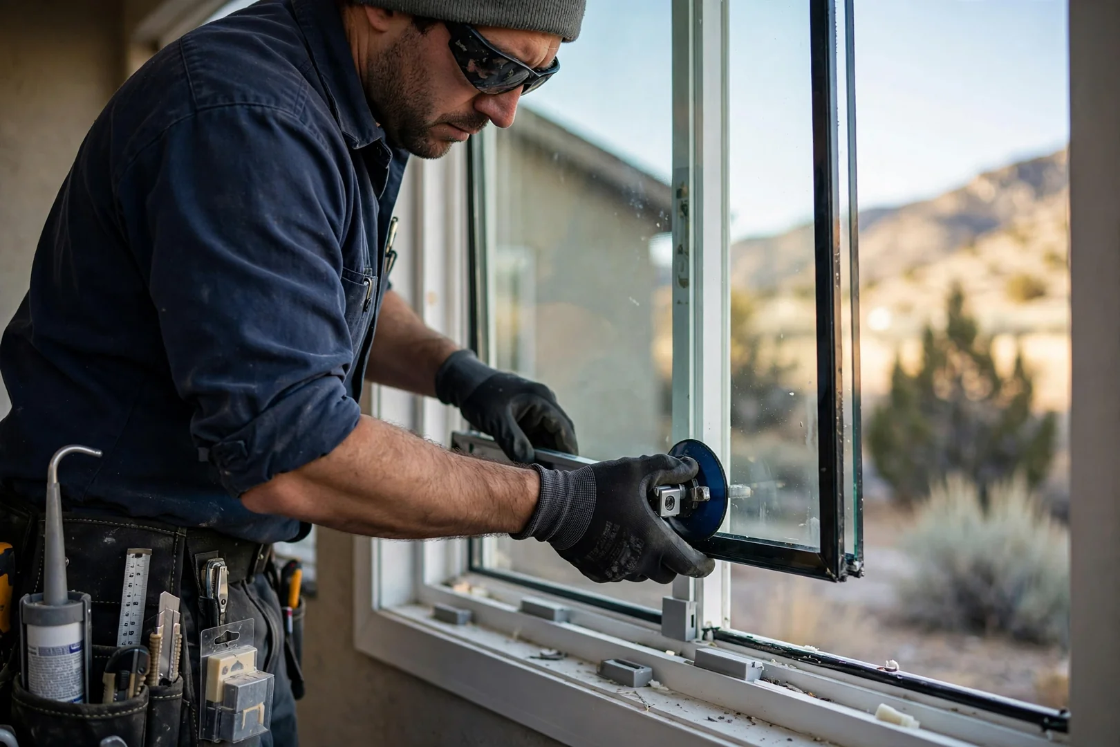 Close-up of a technician setting a new insulated glass unit into a vinyl window frame