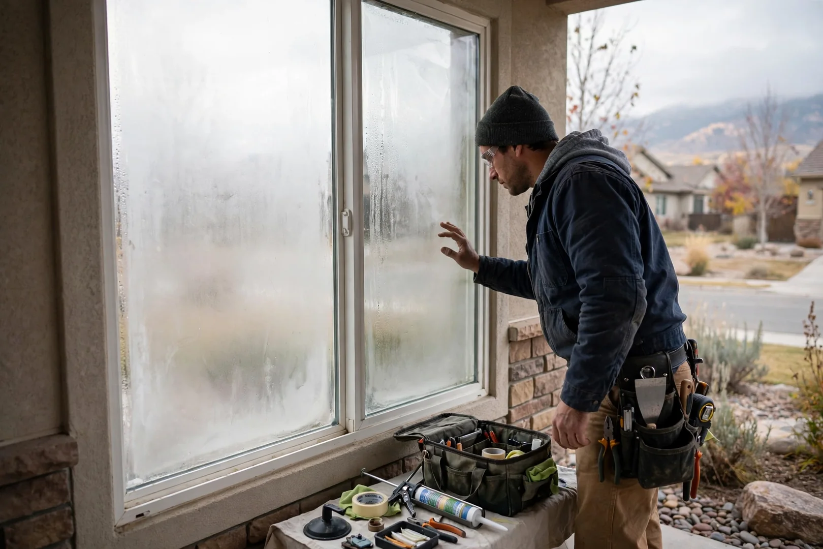 Fogged double pane window before seal failure repair on a South Jordan home