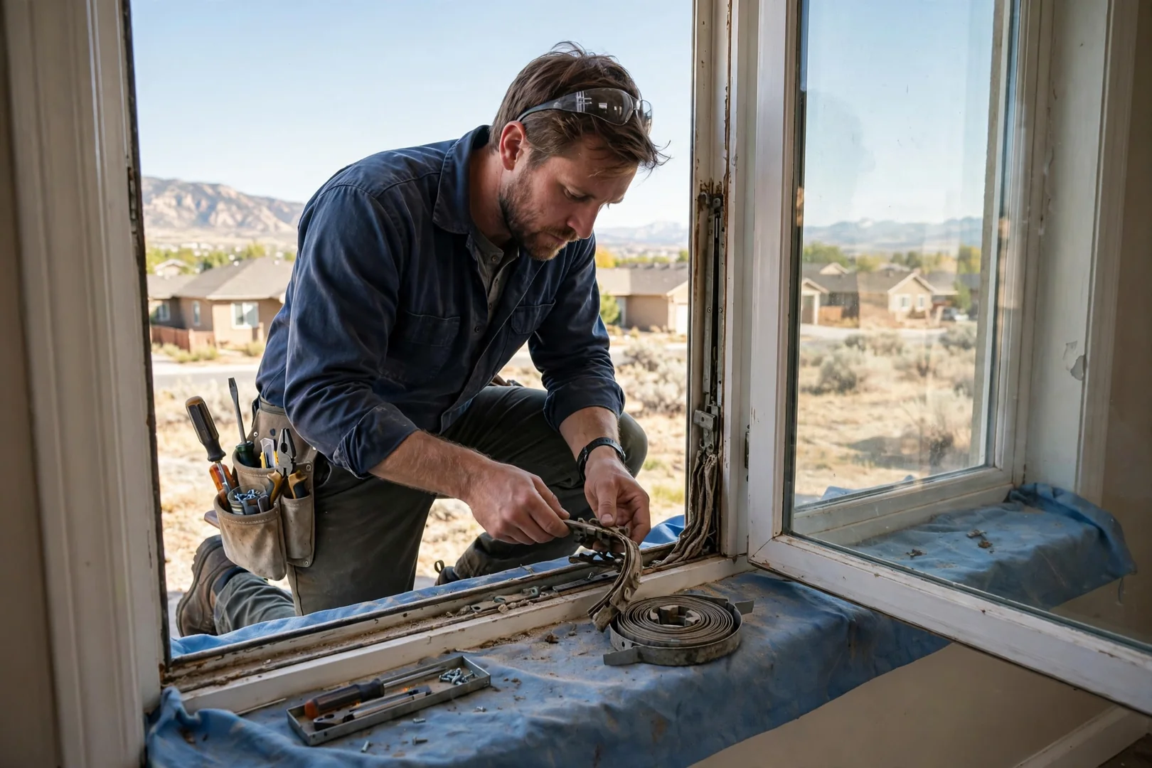 Replacement of a worn sash balance inside a double hung window frame