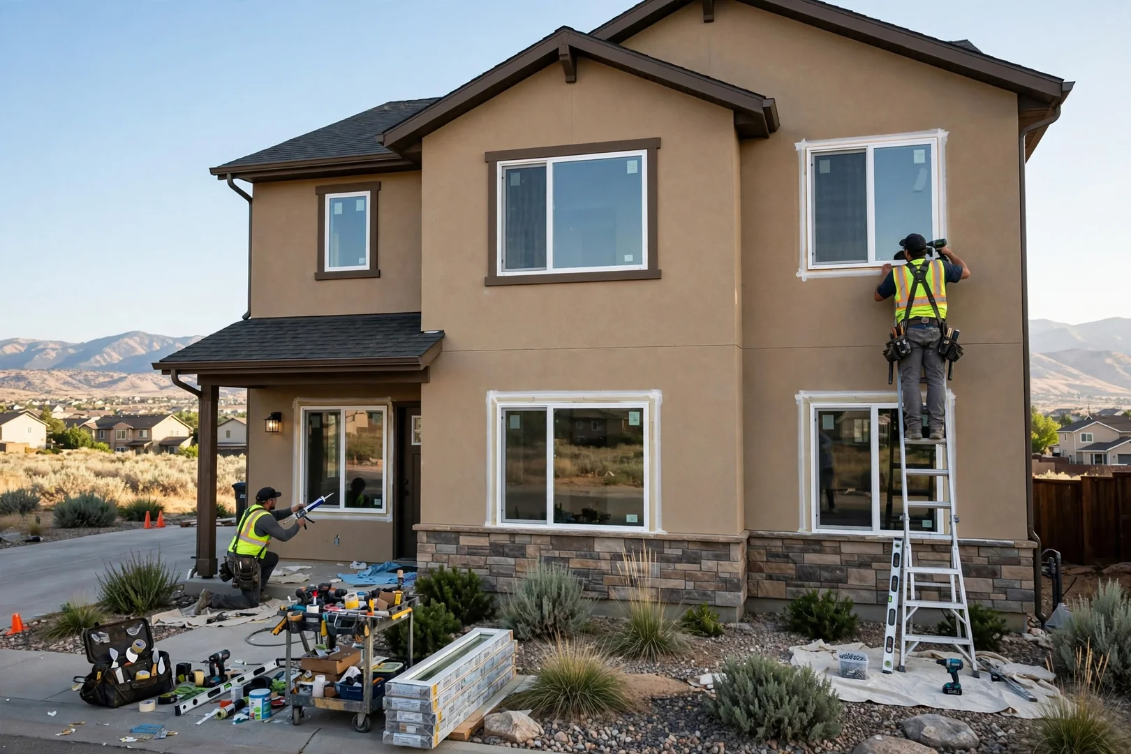 Wide view of a two story house with repaired windows along the front elevation
