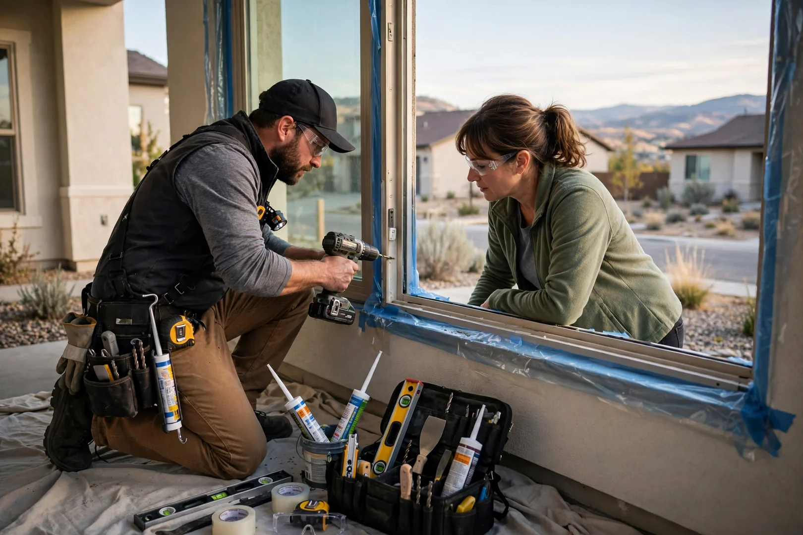 Repair technician adjusting sash balance hardware during a scheduled window service visit