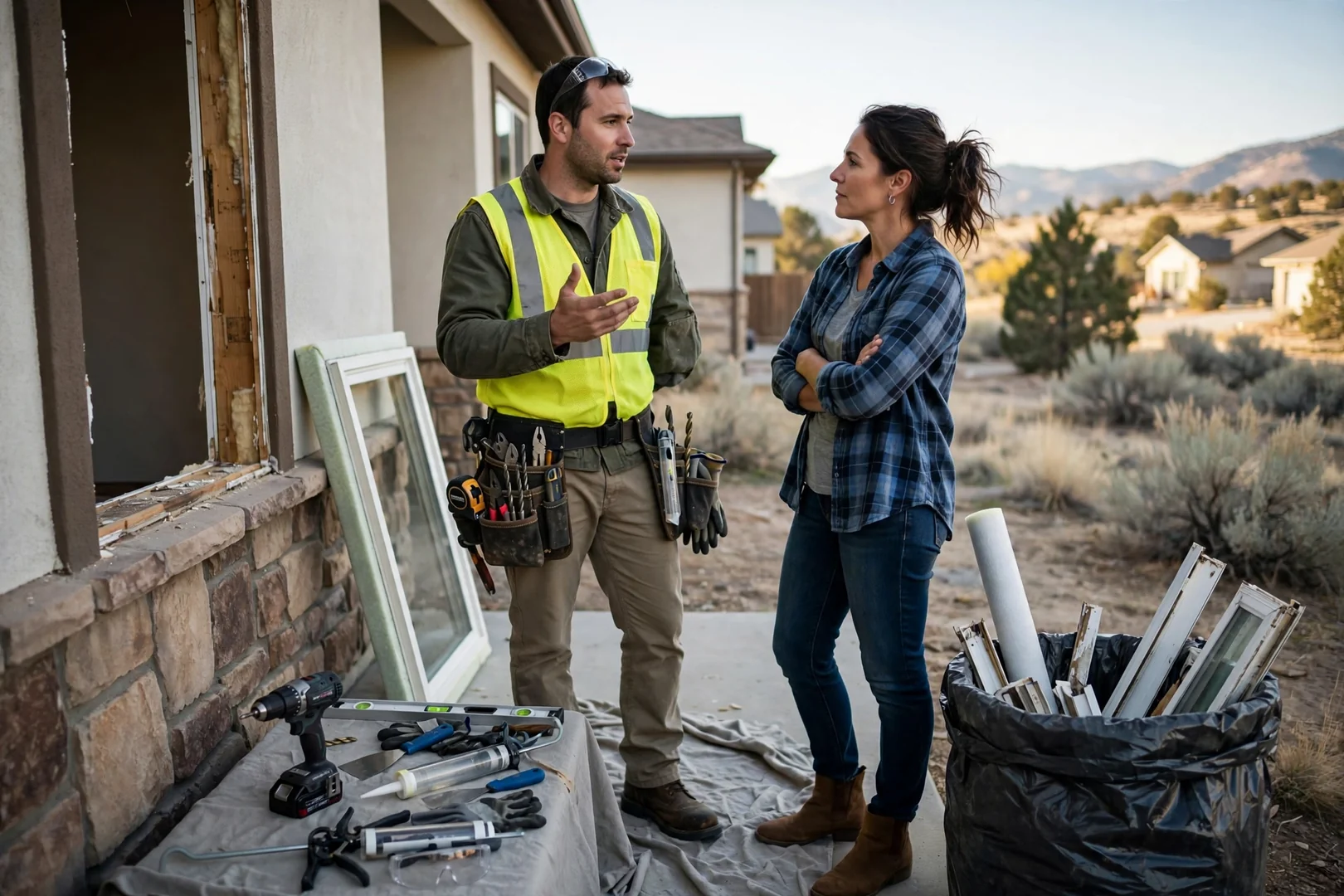 Installer explaining replacement window options to homeowners at a kitchen table in South Jordan