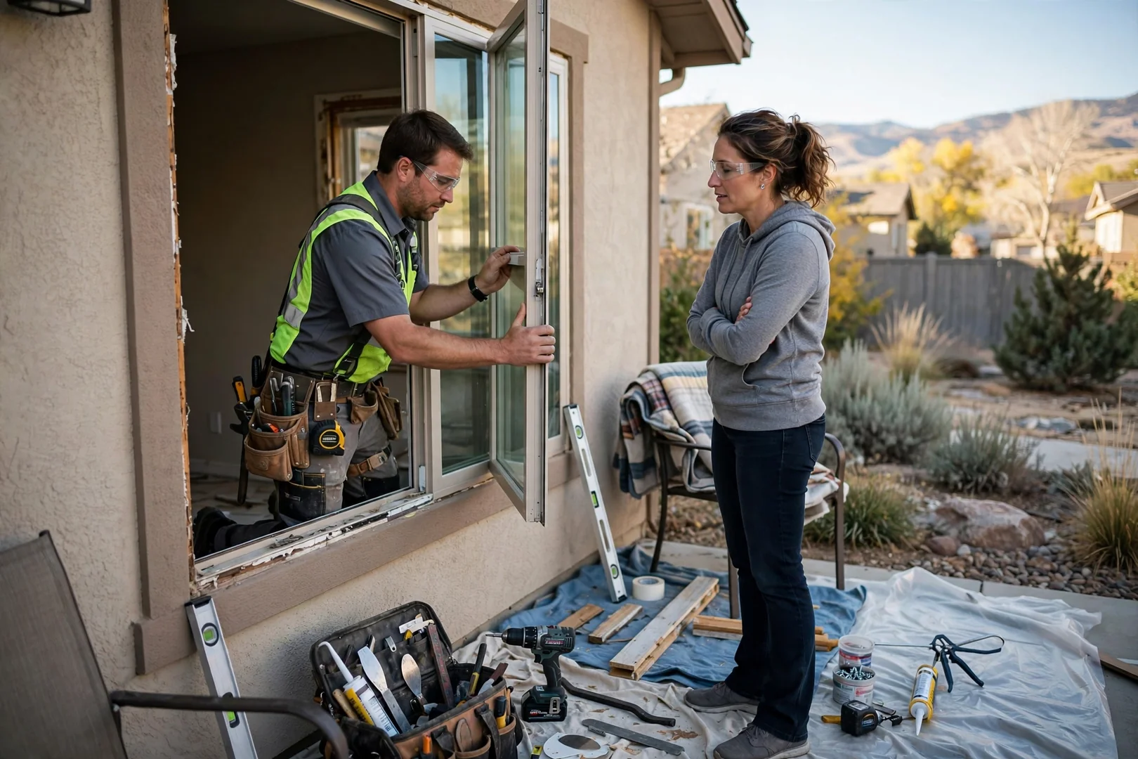Homeowner reviewing a written window replacement estimate with an installer on site