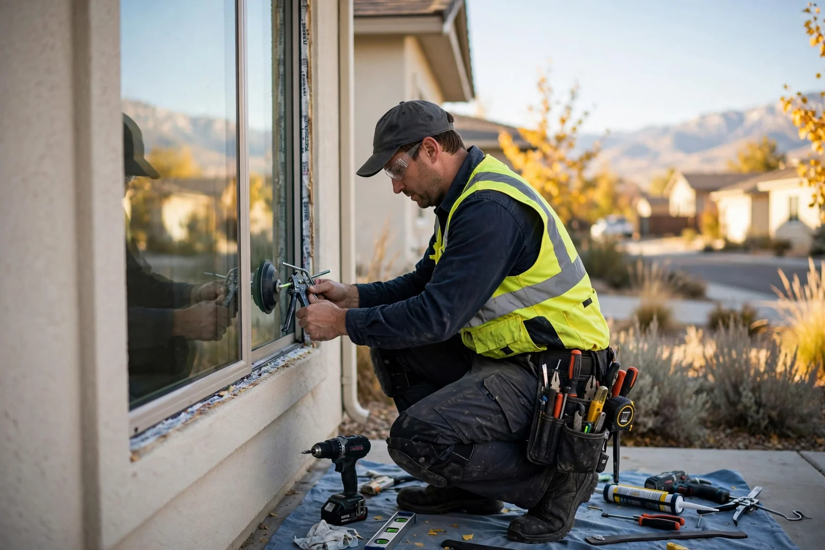Window installation tools and inspection gear organized in a service van at a South Jordan home