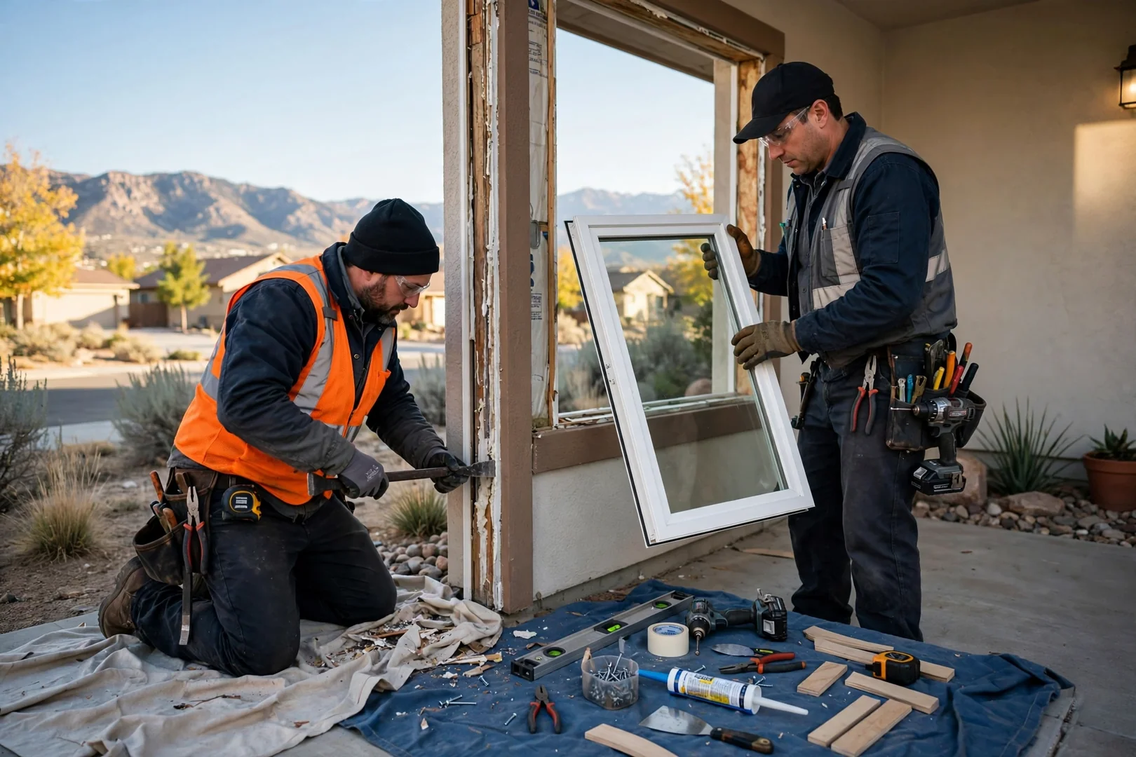 Estimator measuring a rough window opening while a homeowner reviews written estimate details